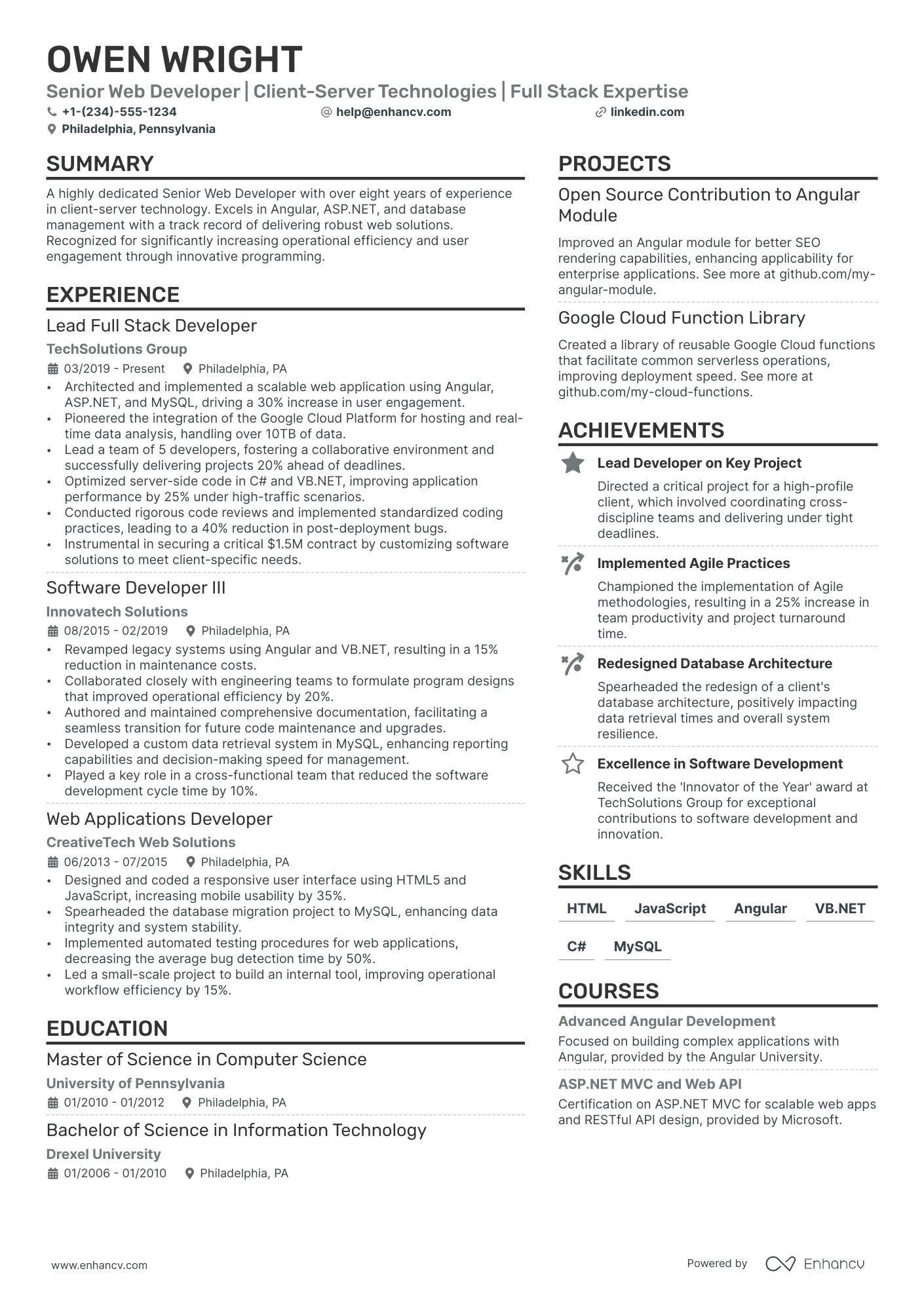 Senior Web Developer Resume Example