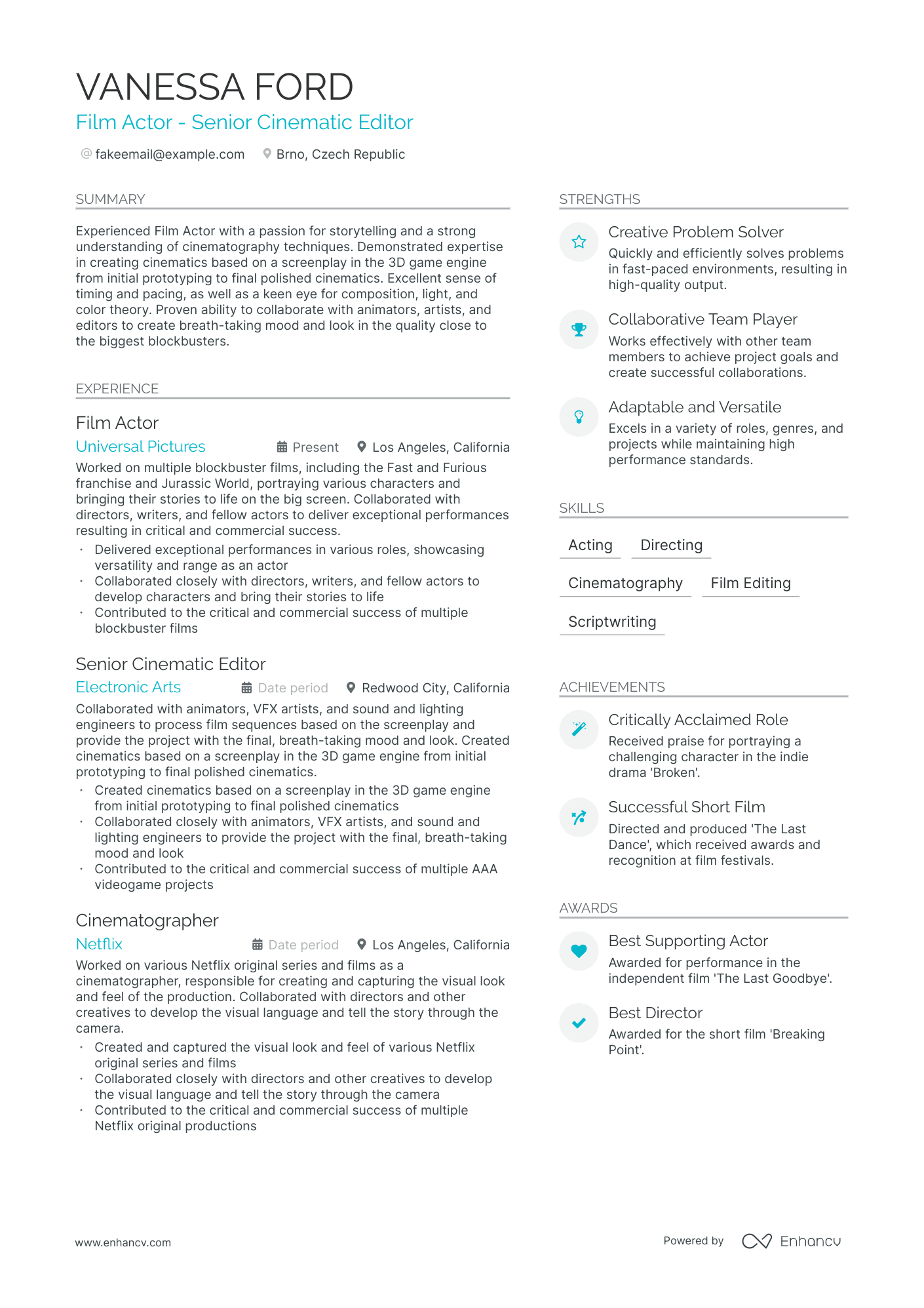 Film Actor Resume Example