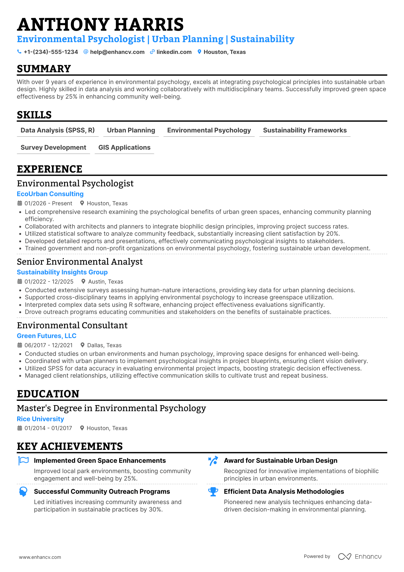 Environmental Psychologist Resume Example