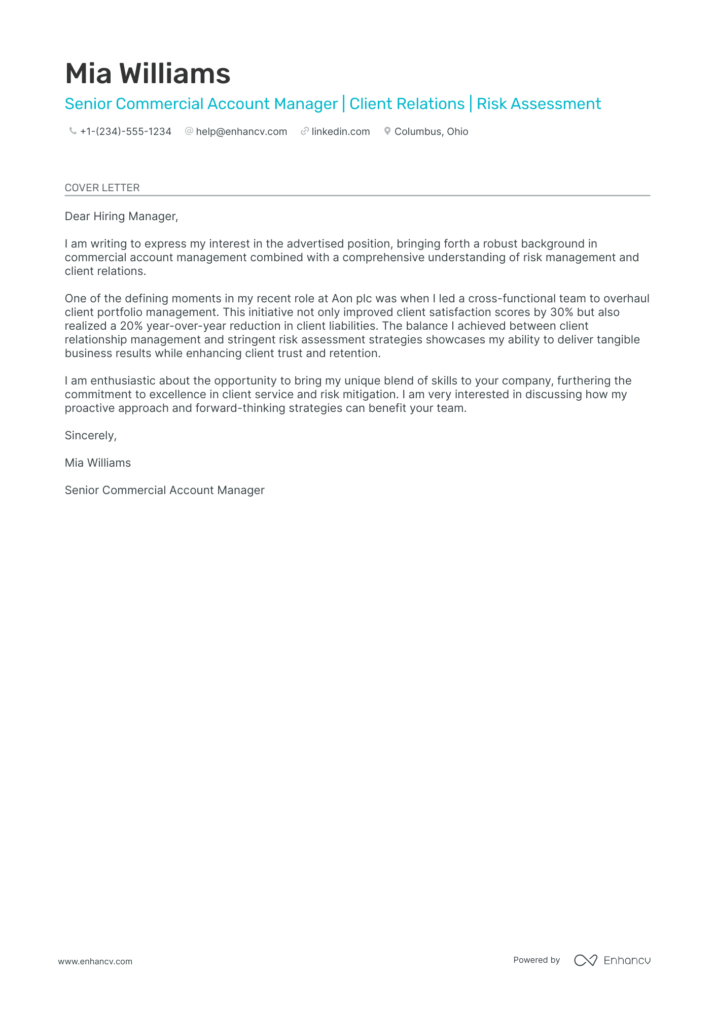 Commercial Account Manager Resume Example