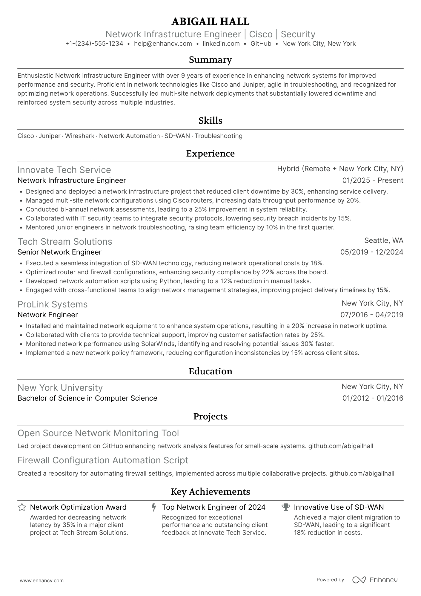 Network Infrastructure Engineer Resume Example