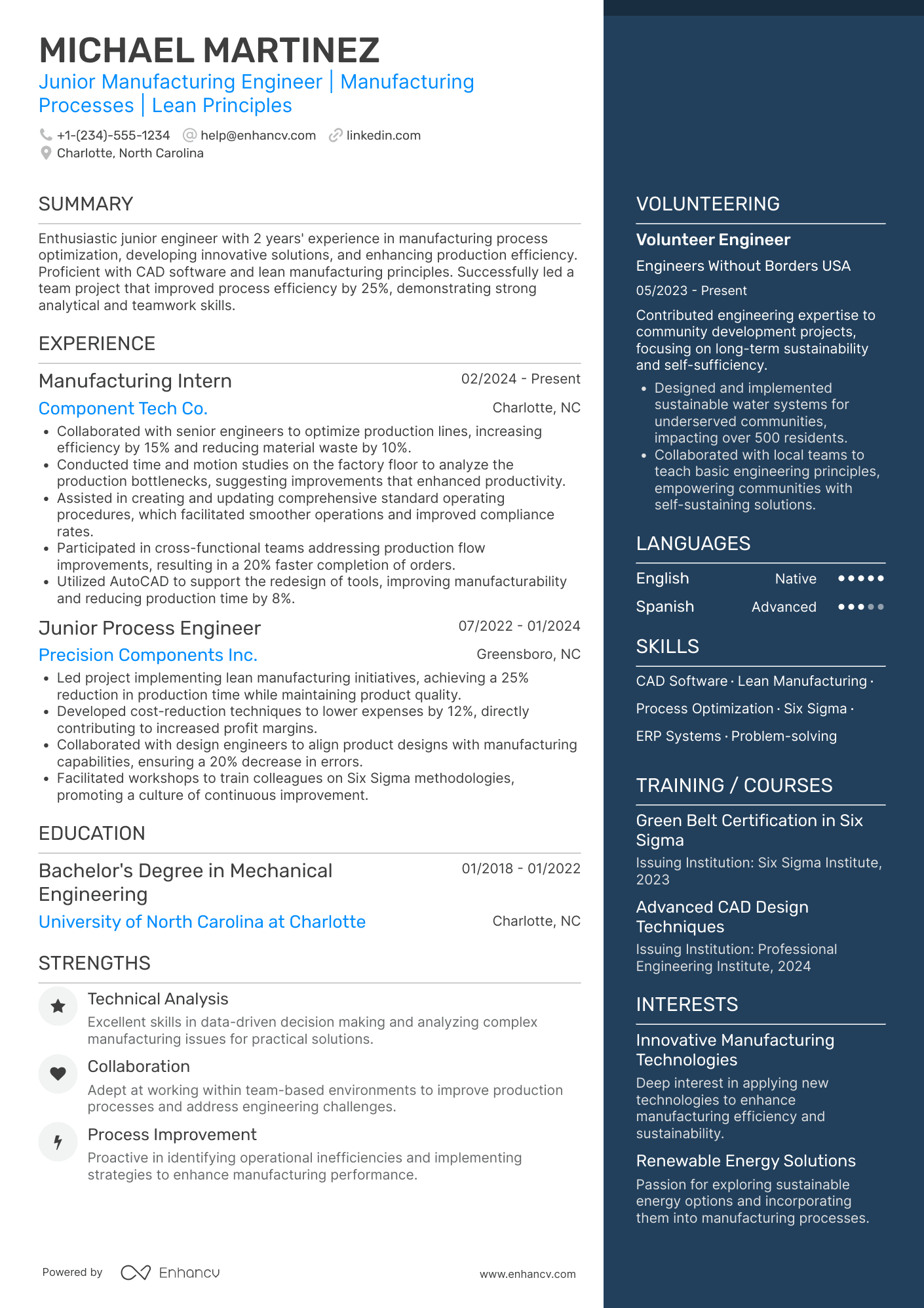 Junior Manufacturing Engineer Resume Example