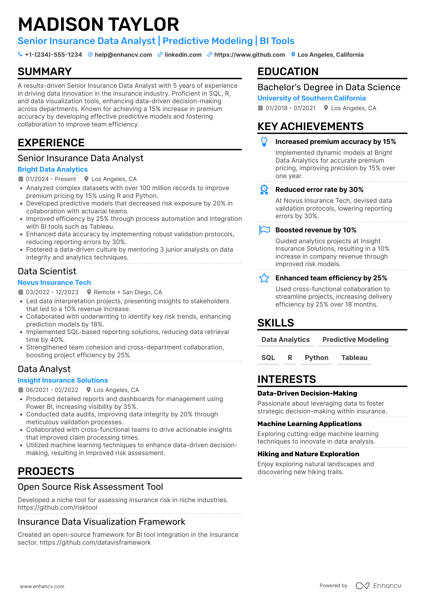 Senior Insurance Data Analyst Resume Example