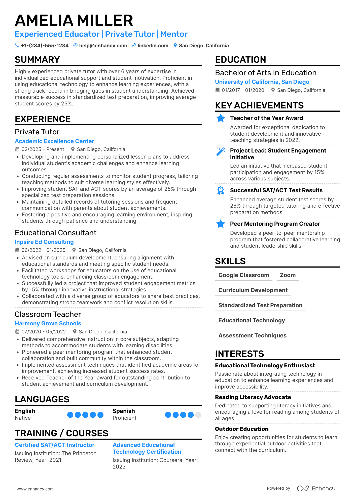 Private Tutor Resume Example
