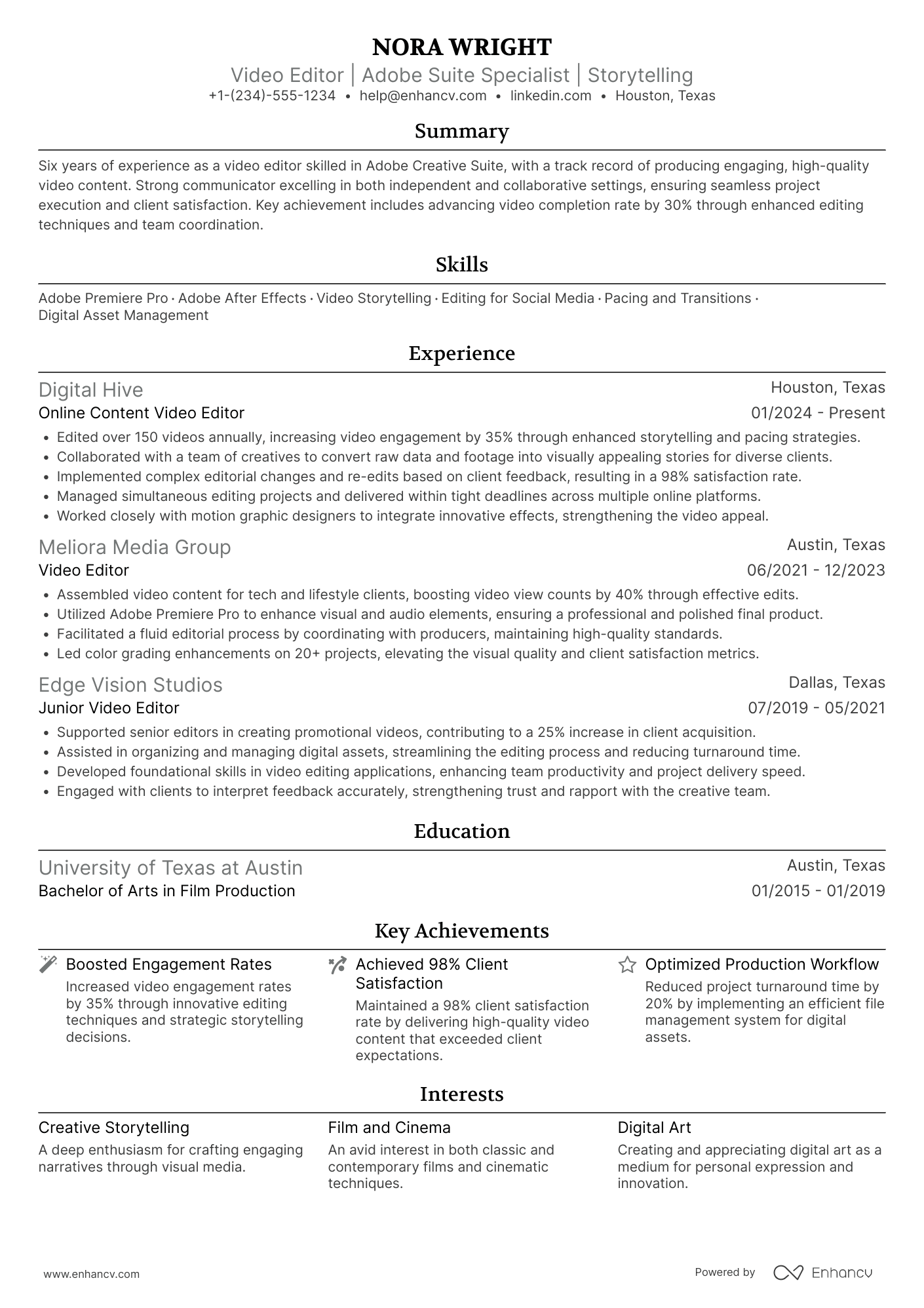 Online Content Video Editor Resume Example