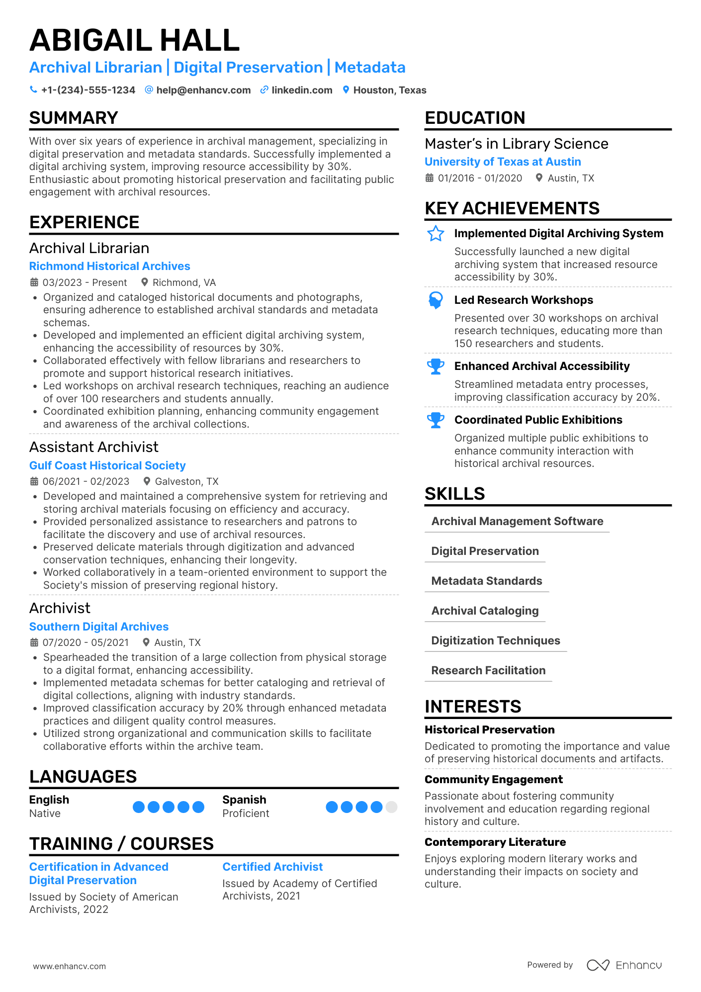 Archival Librarian Resume Example