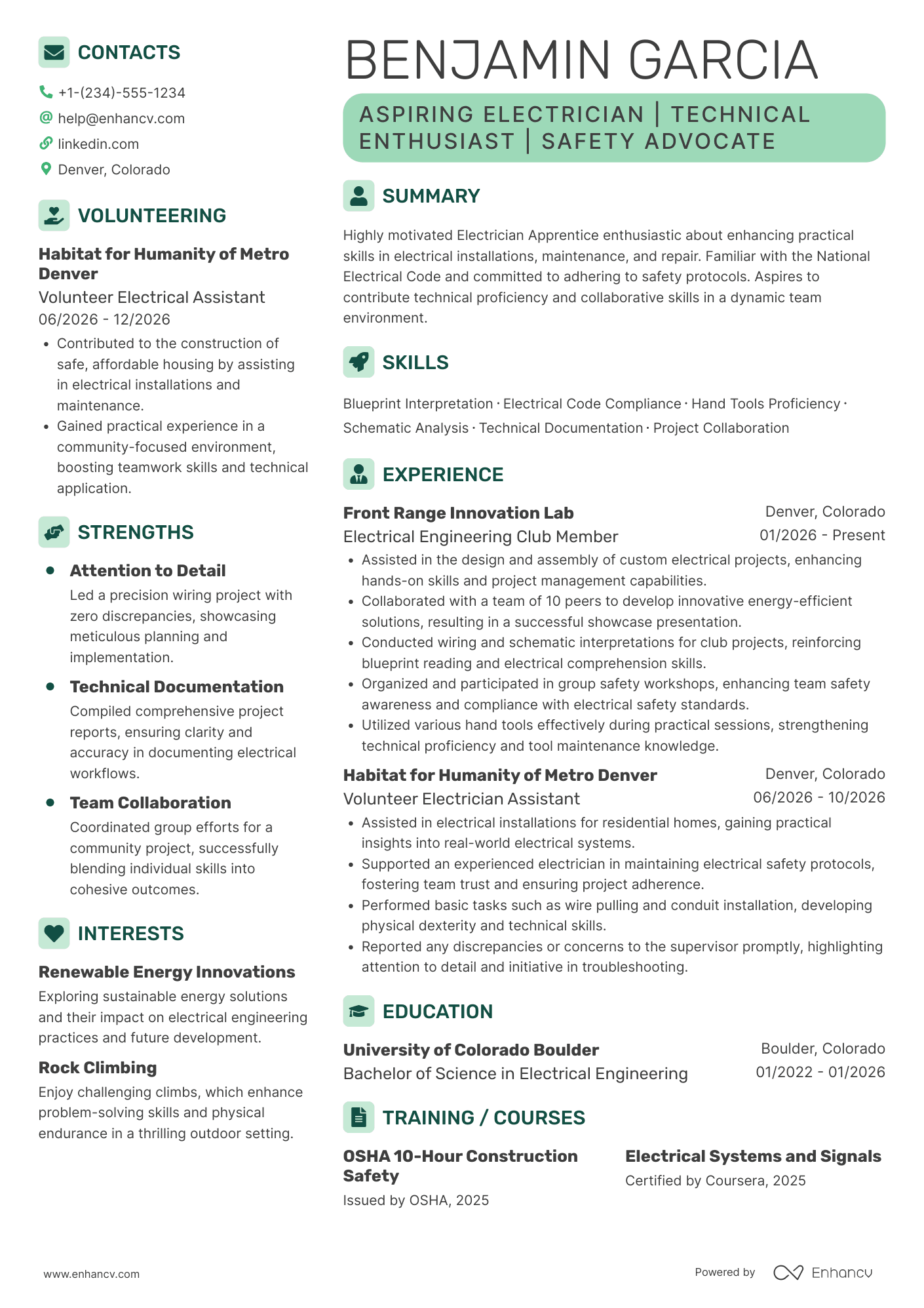 Electrician Apprentice Resume Example