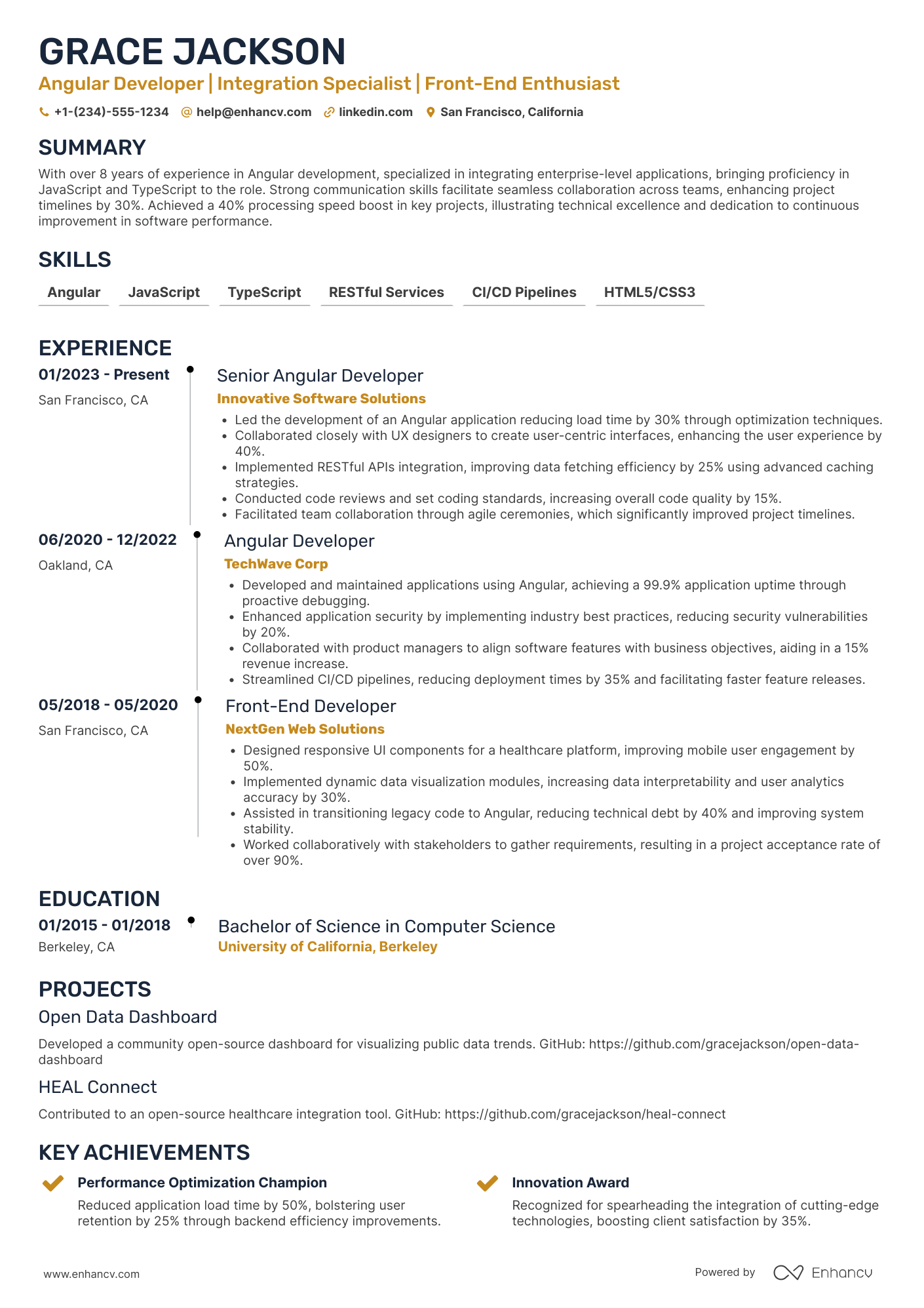 Angular Integration Developer Resume Example
