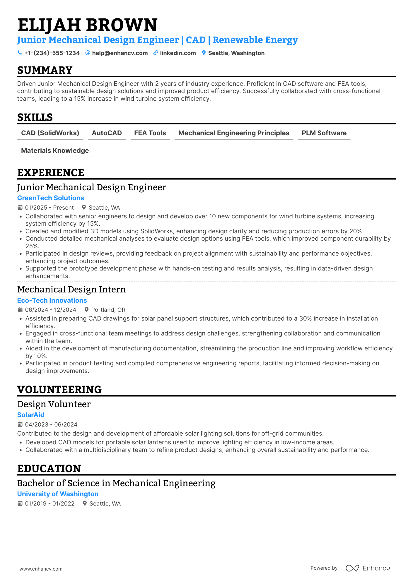 Junior Mechanical Design Engineer Resume Example