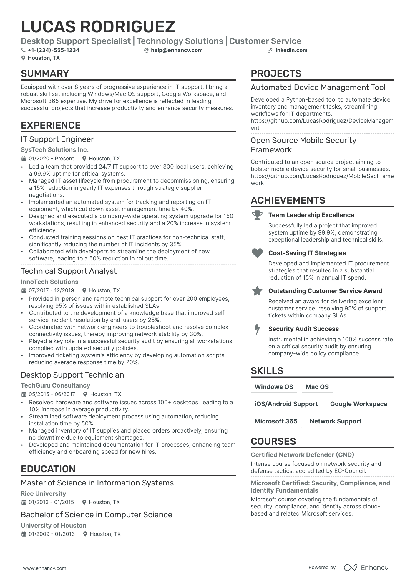 Desktop Support Resume Example