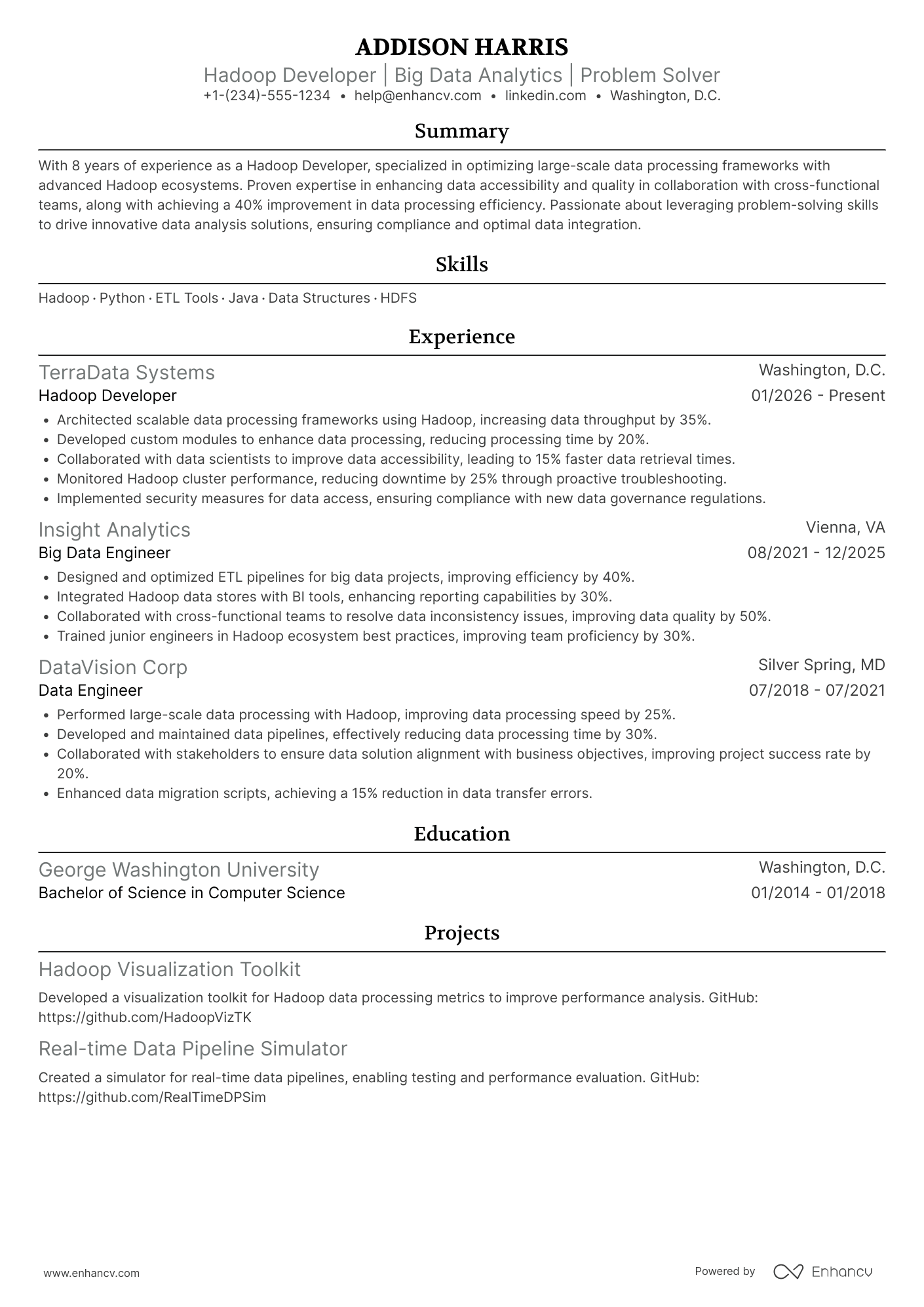 Hadoop Developer Resume Example
