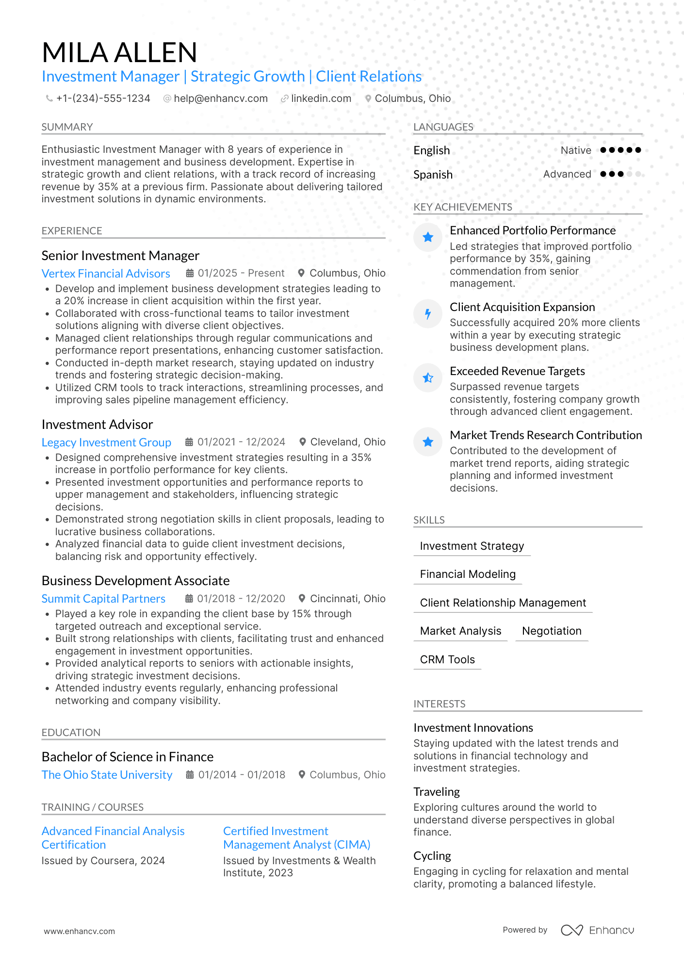 Investment Business Development Manager Resume Example