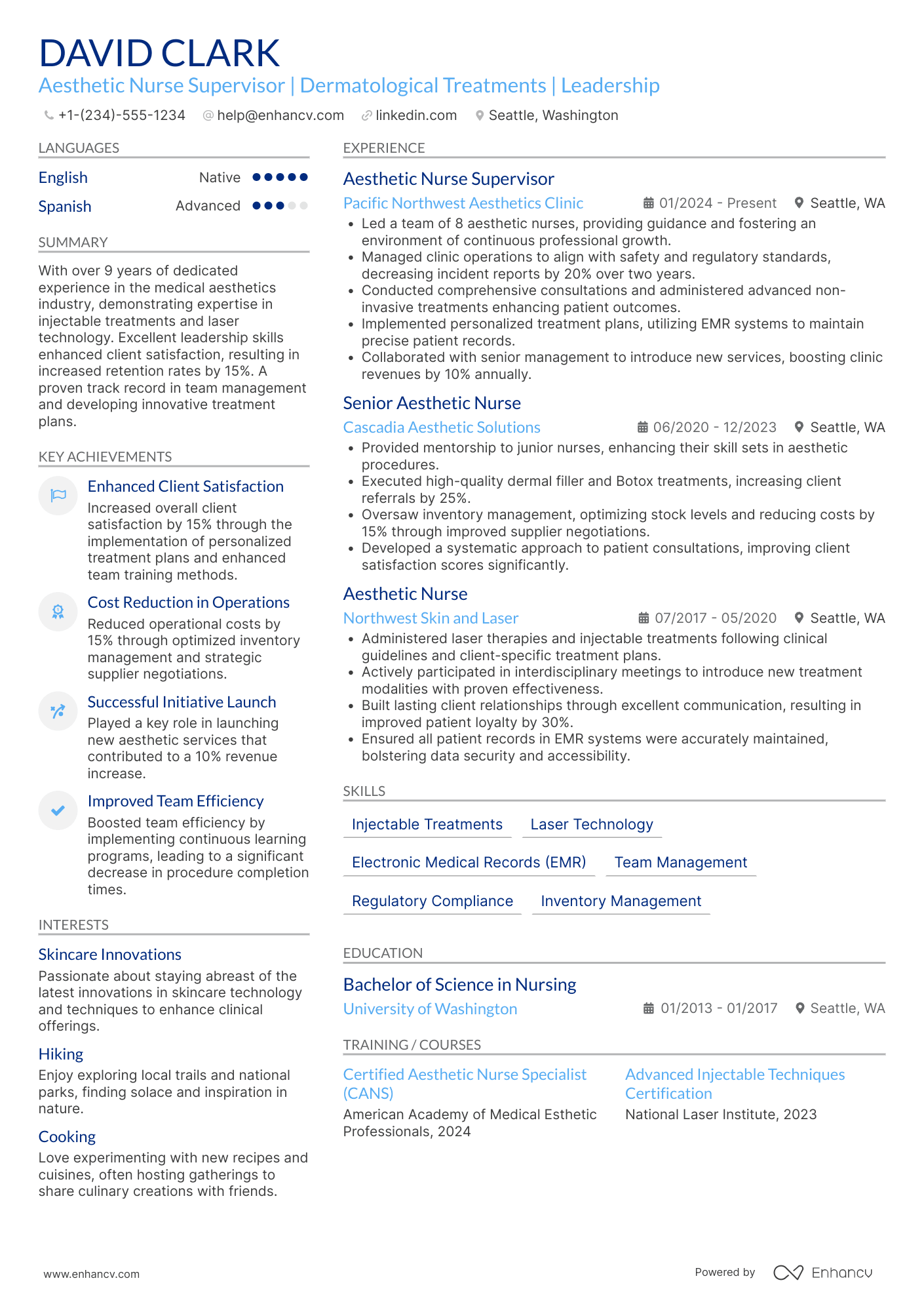 Aesthetic Nurse Supervisor Resume Example