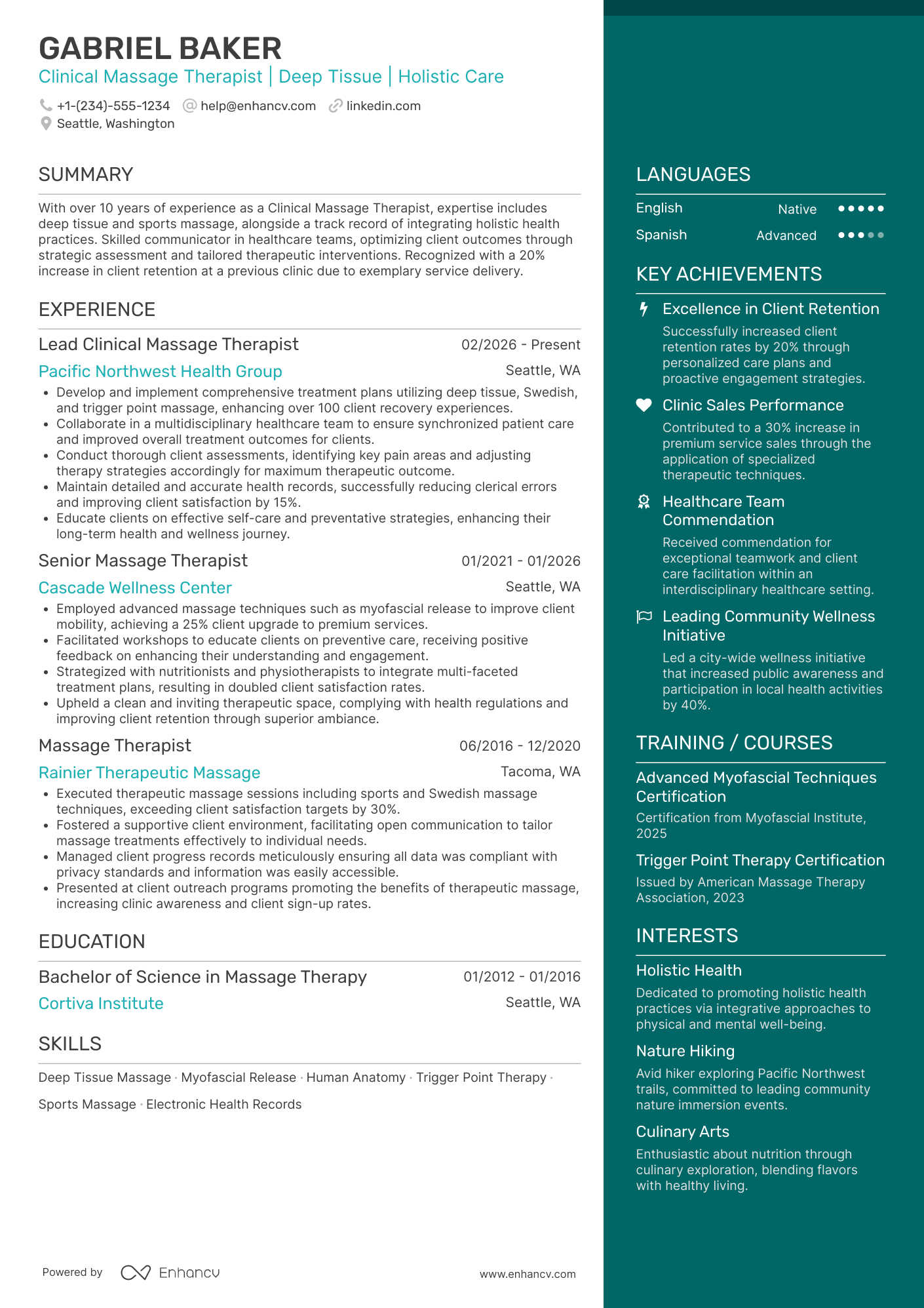 Clinical Massage Therapist Resume Example