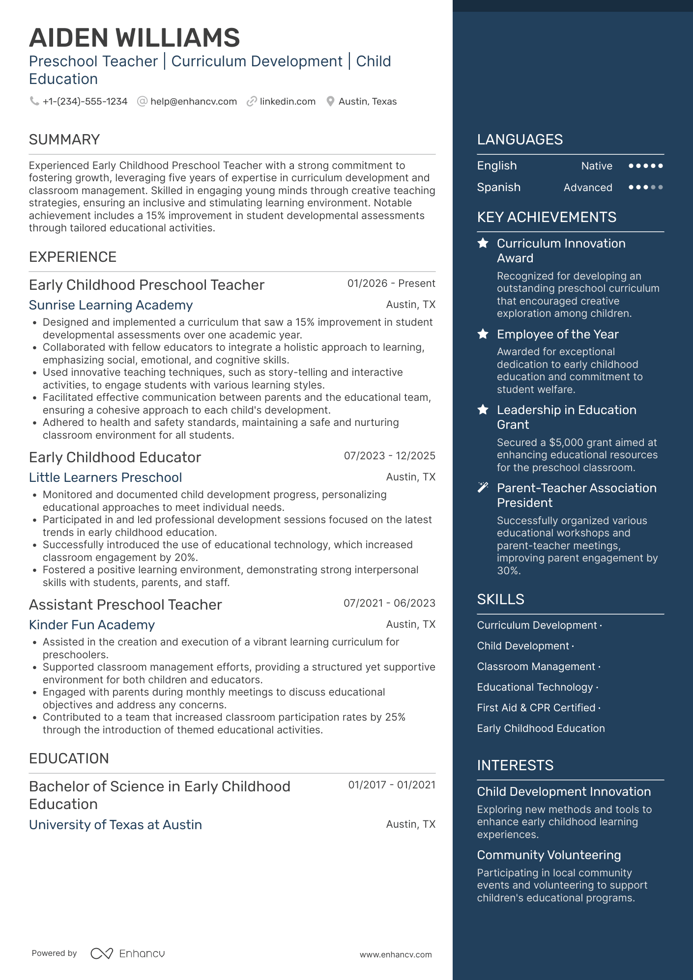 Early Childhood Preschool Teacher Resume Example