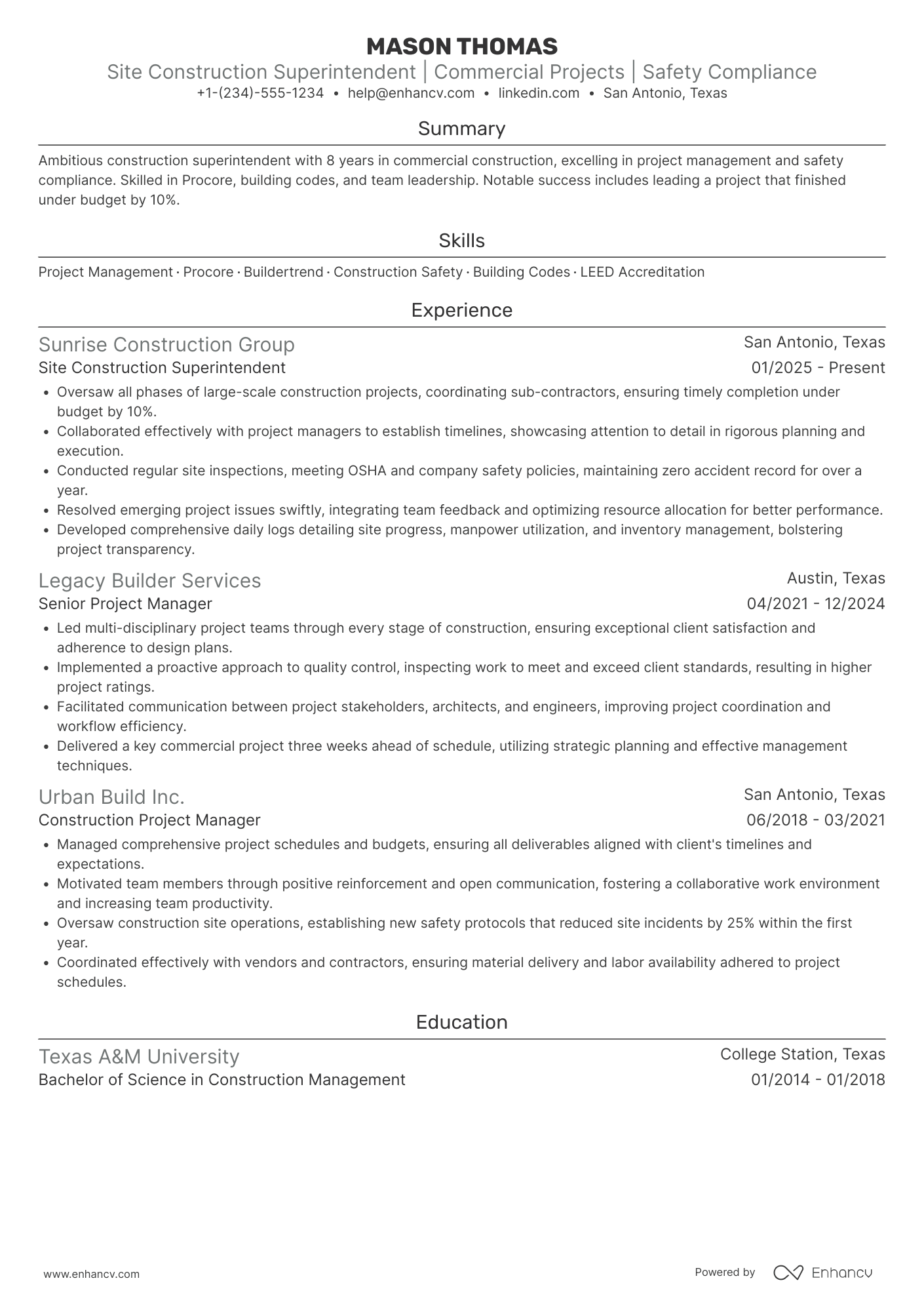 Site Construction Superintendent Resume Example