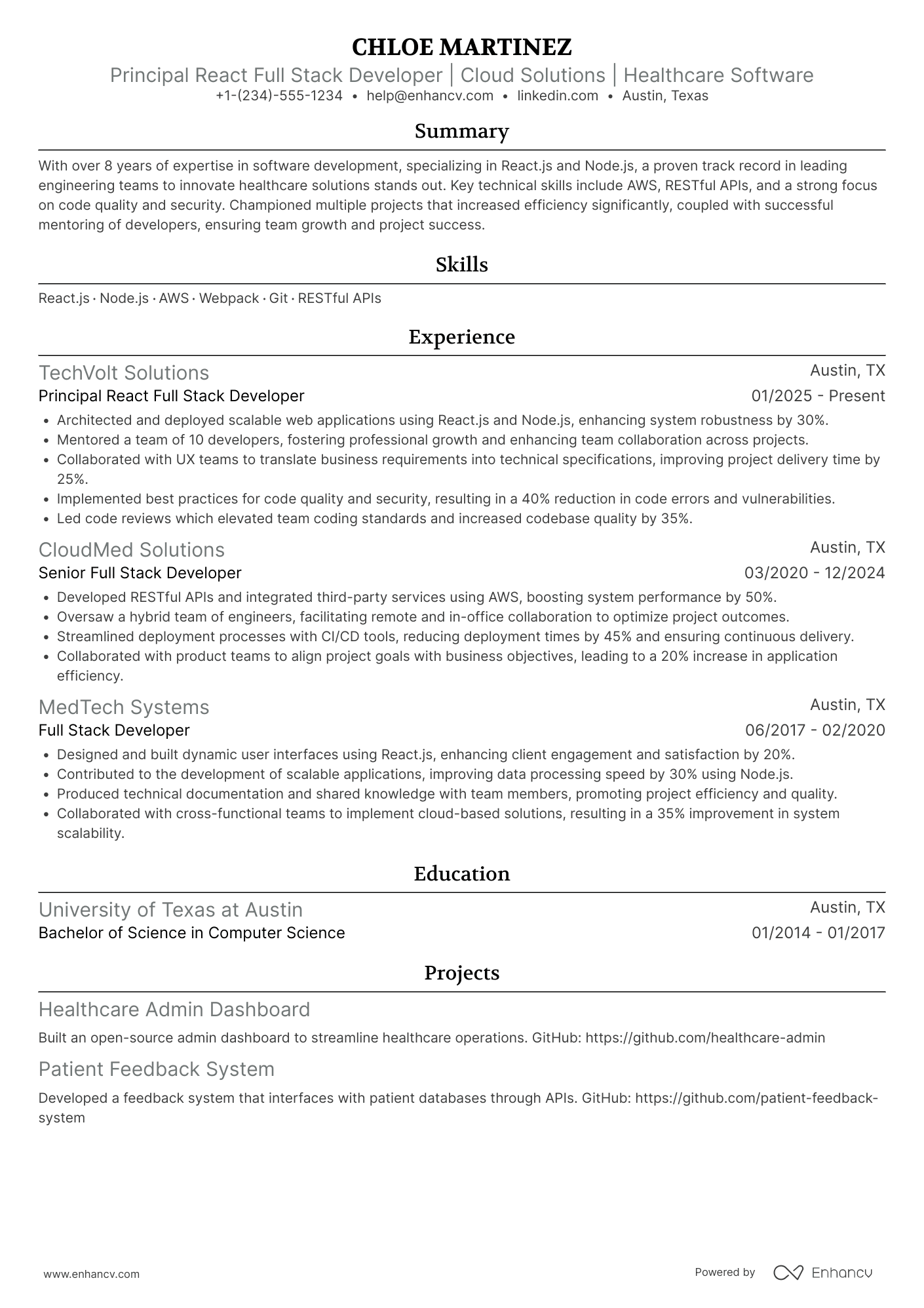 Principal React Full Stack Developer Resume Example