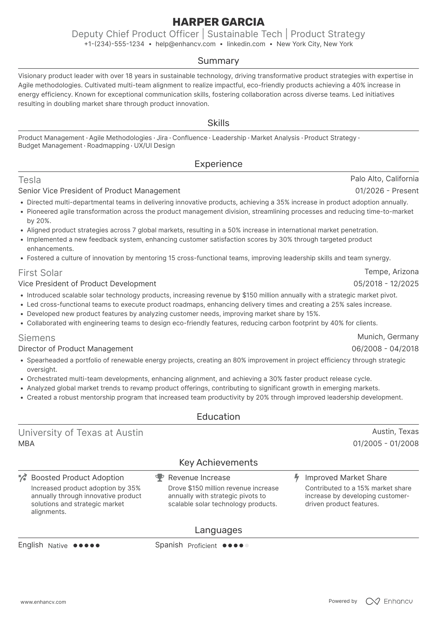 Deputy Chief Product Officer Resume Example