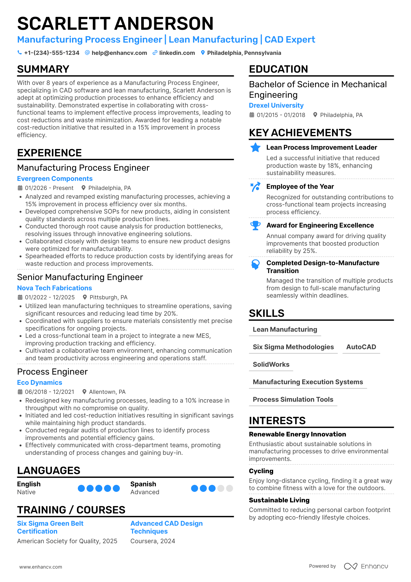Manufacturing Process Engineer Resume Example