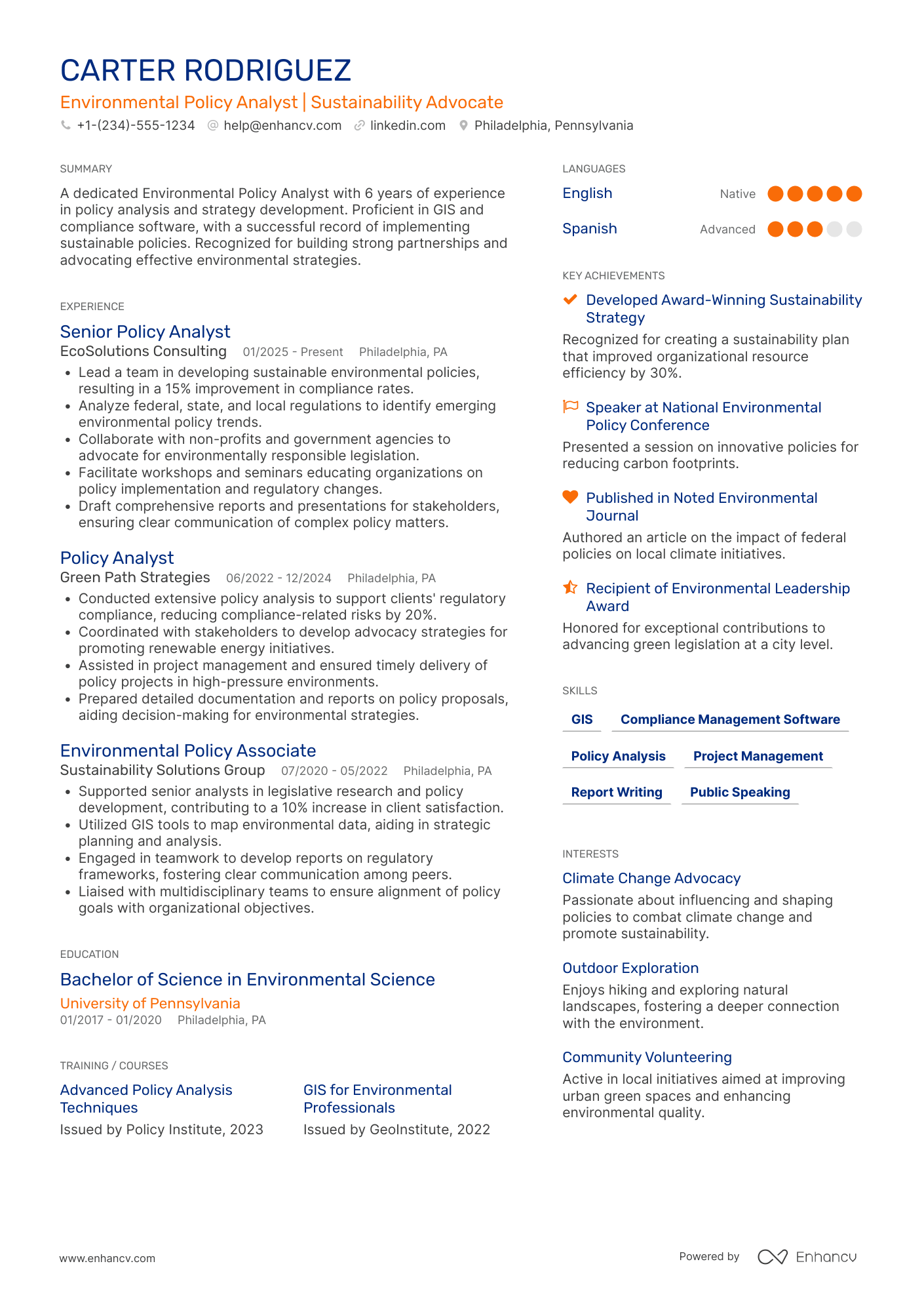 Environmental Policy Manager Resume Example