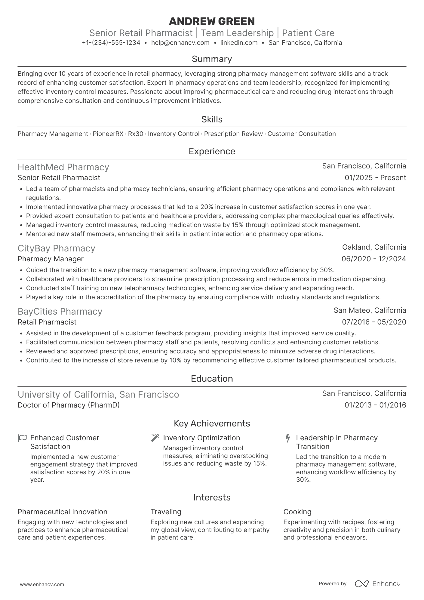 Senior Retail Pharmacist Resume Example