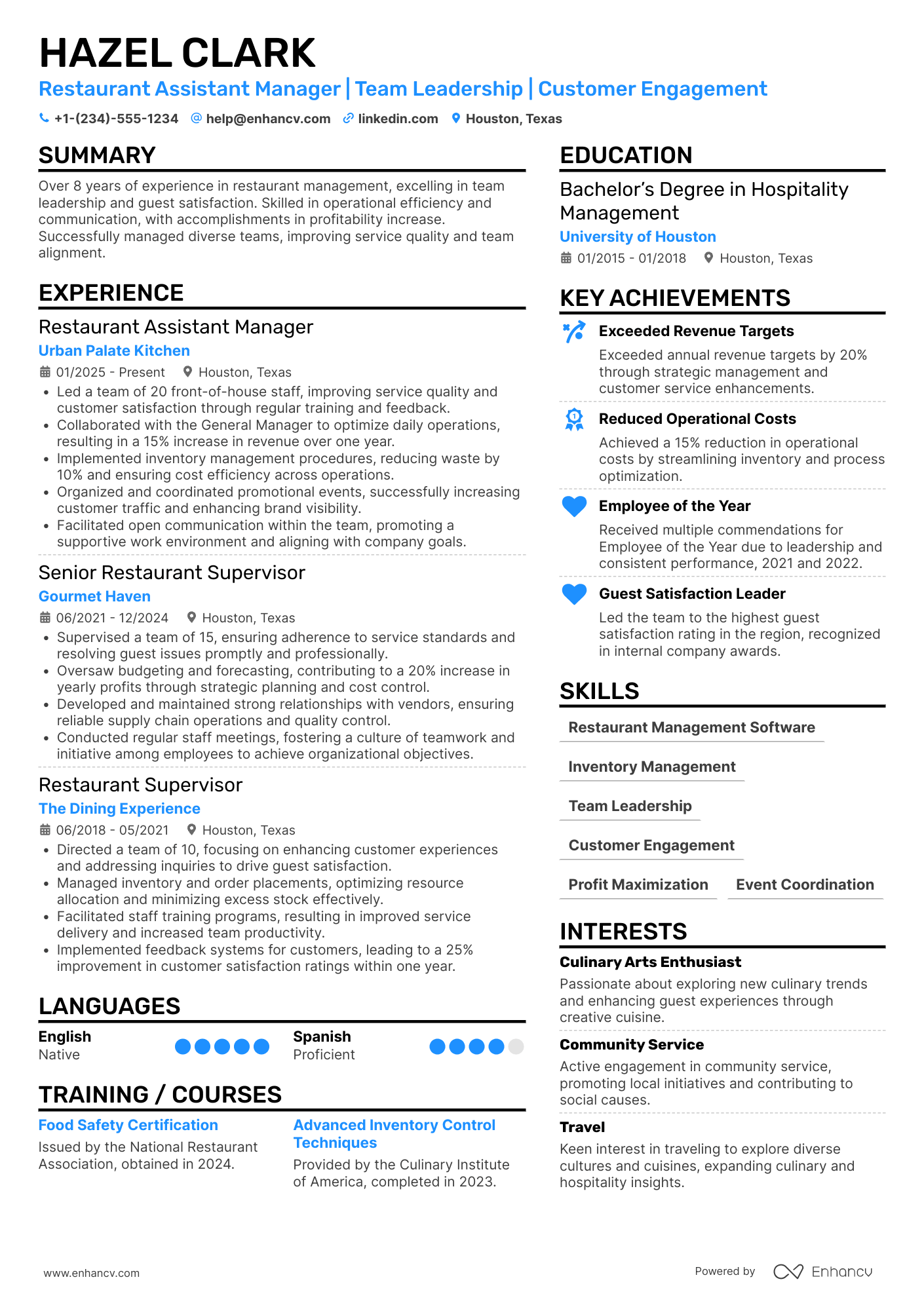 Restaurant Assistant Manager Resume Example