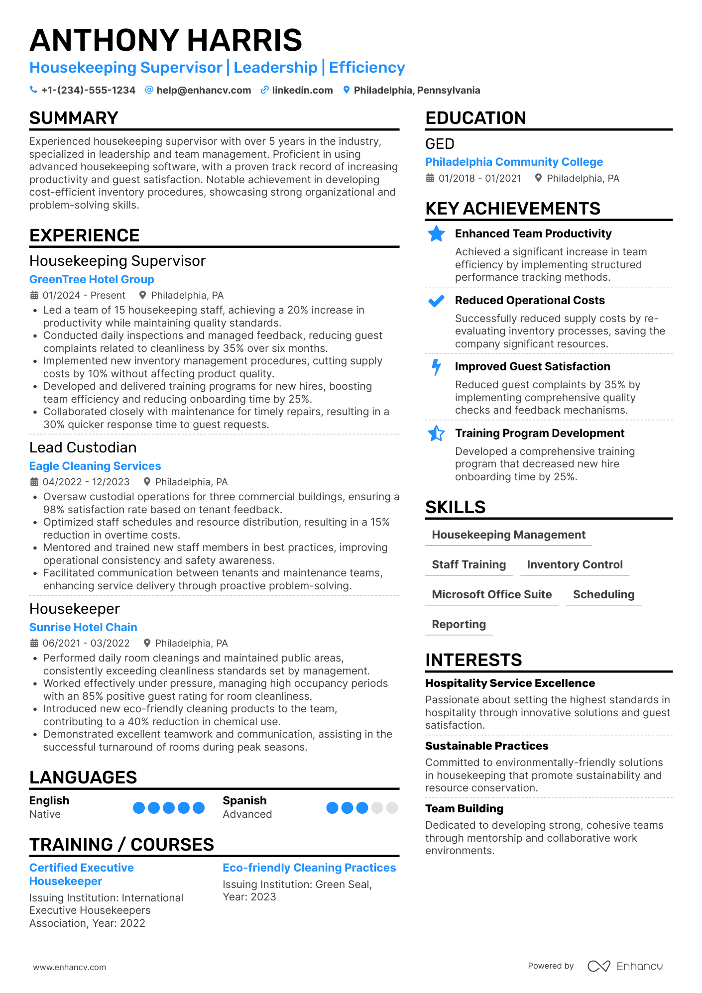 Housekeeping Supervisor Resume Example