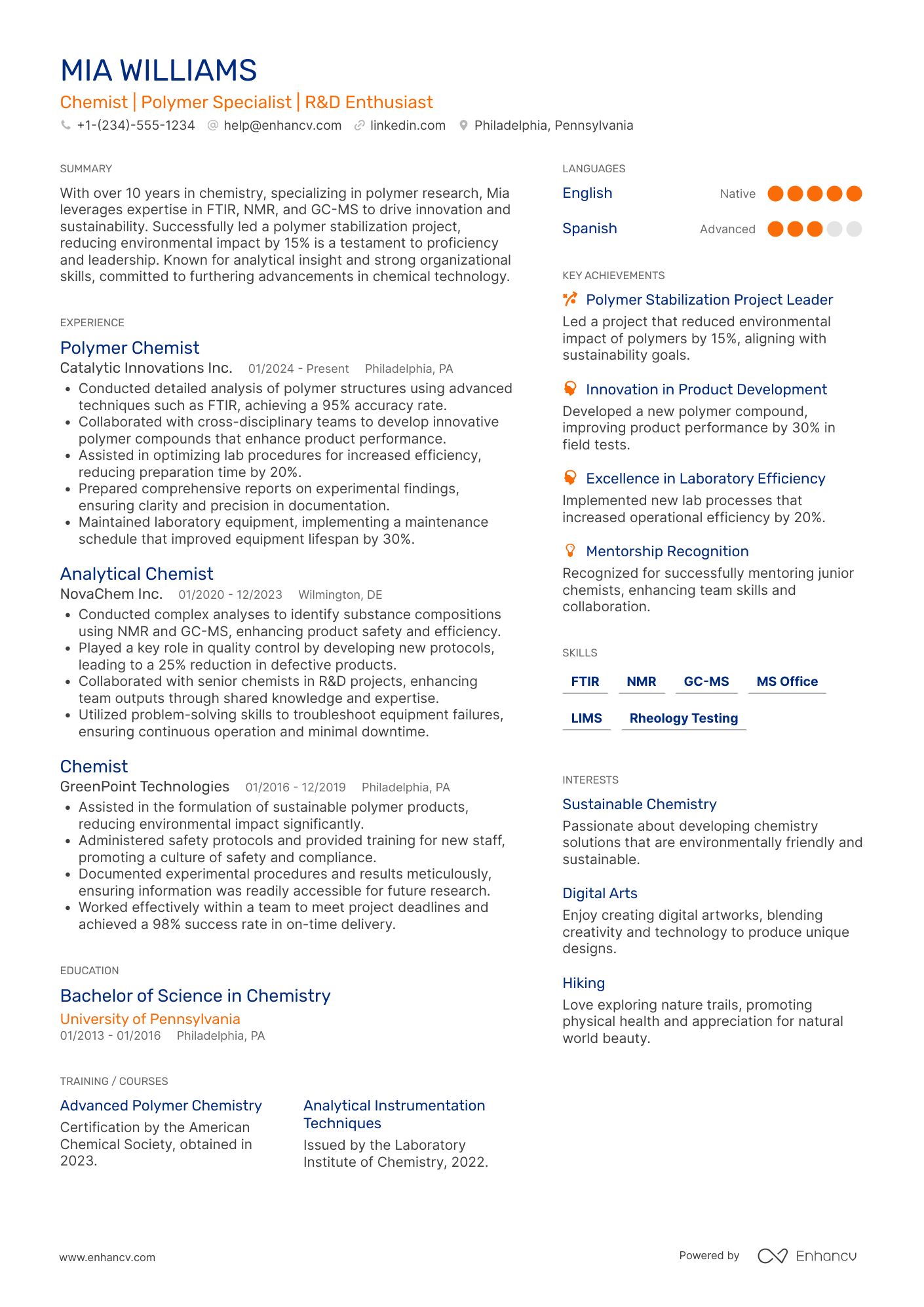 Assistant Chemist Resume Example
