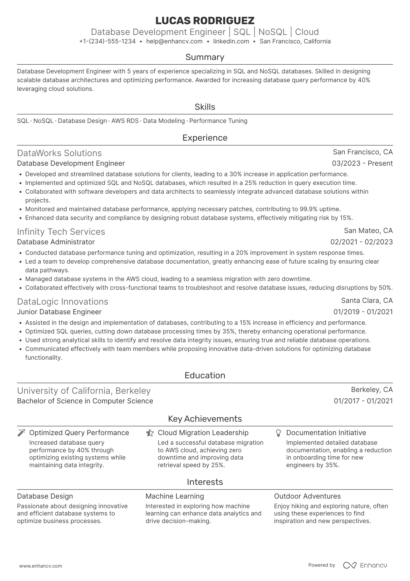 Database Development Engineer Resume Example