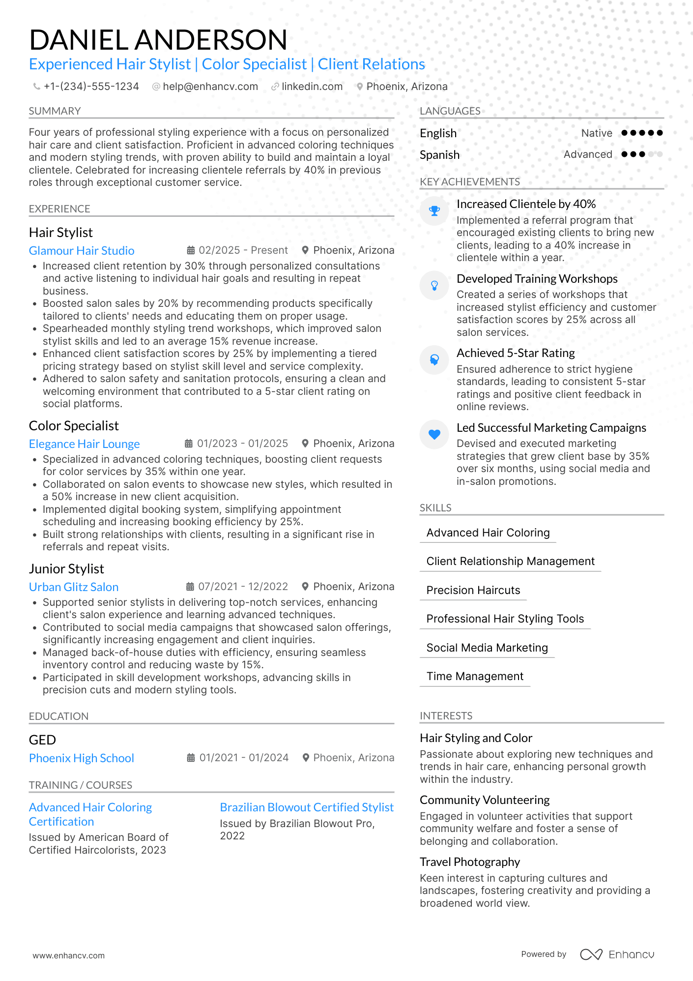 Self Employed Hair Stylist Resume Example