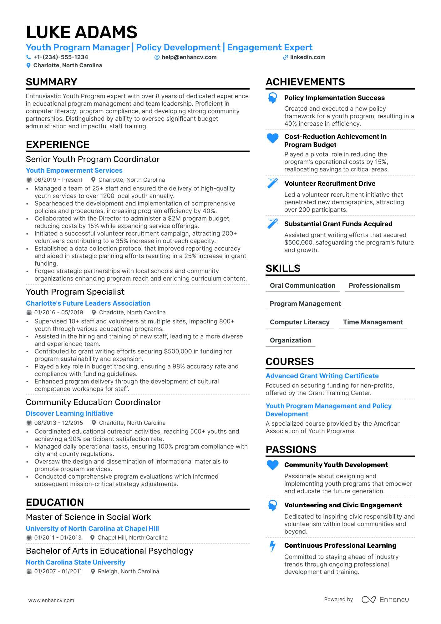 Youth Program Manager Resume Example