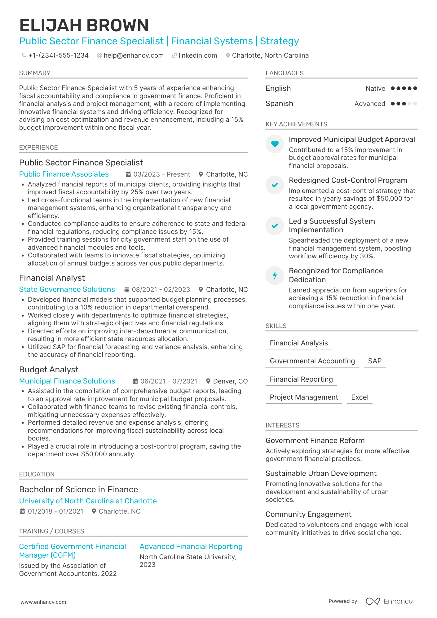 Public Sector Finance Specialist Resume Example