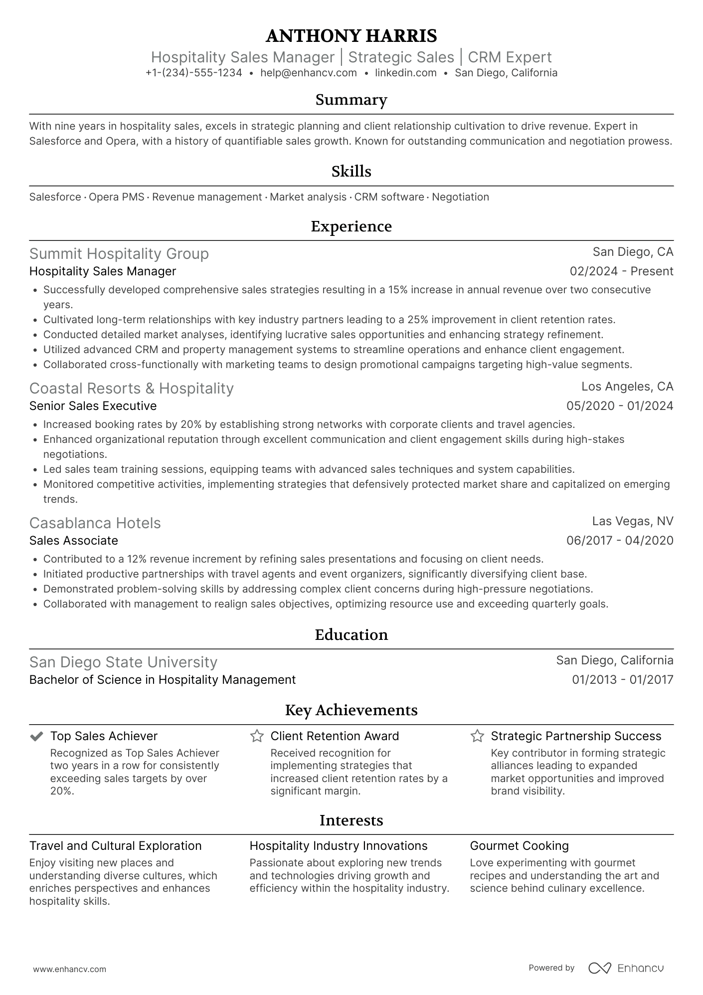 Hospitality Sales Manager Resume Example