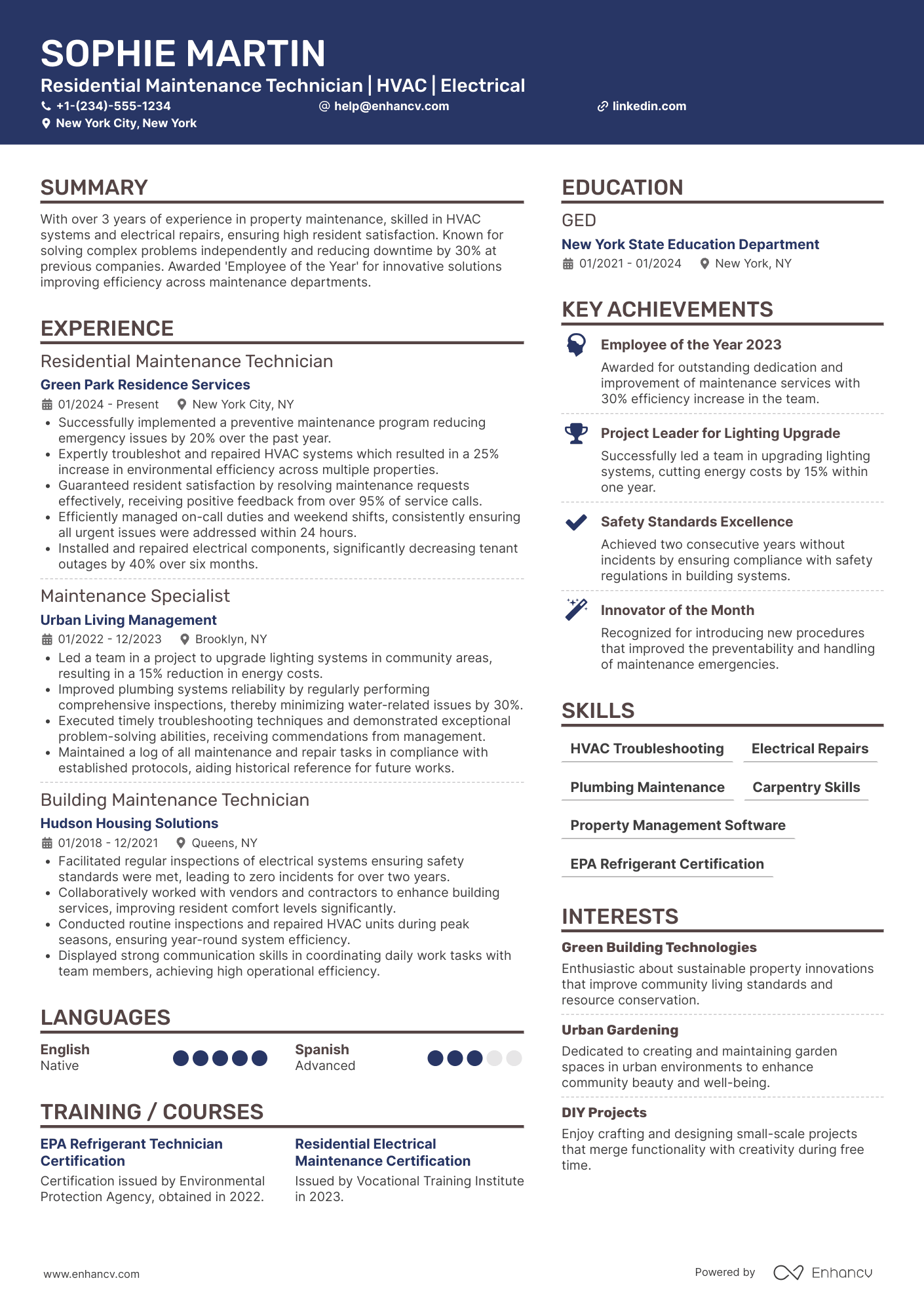 Residential Maintenance Technician Resume Example