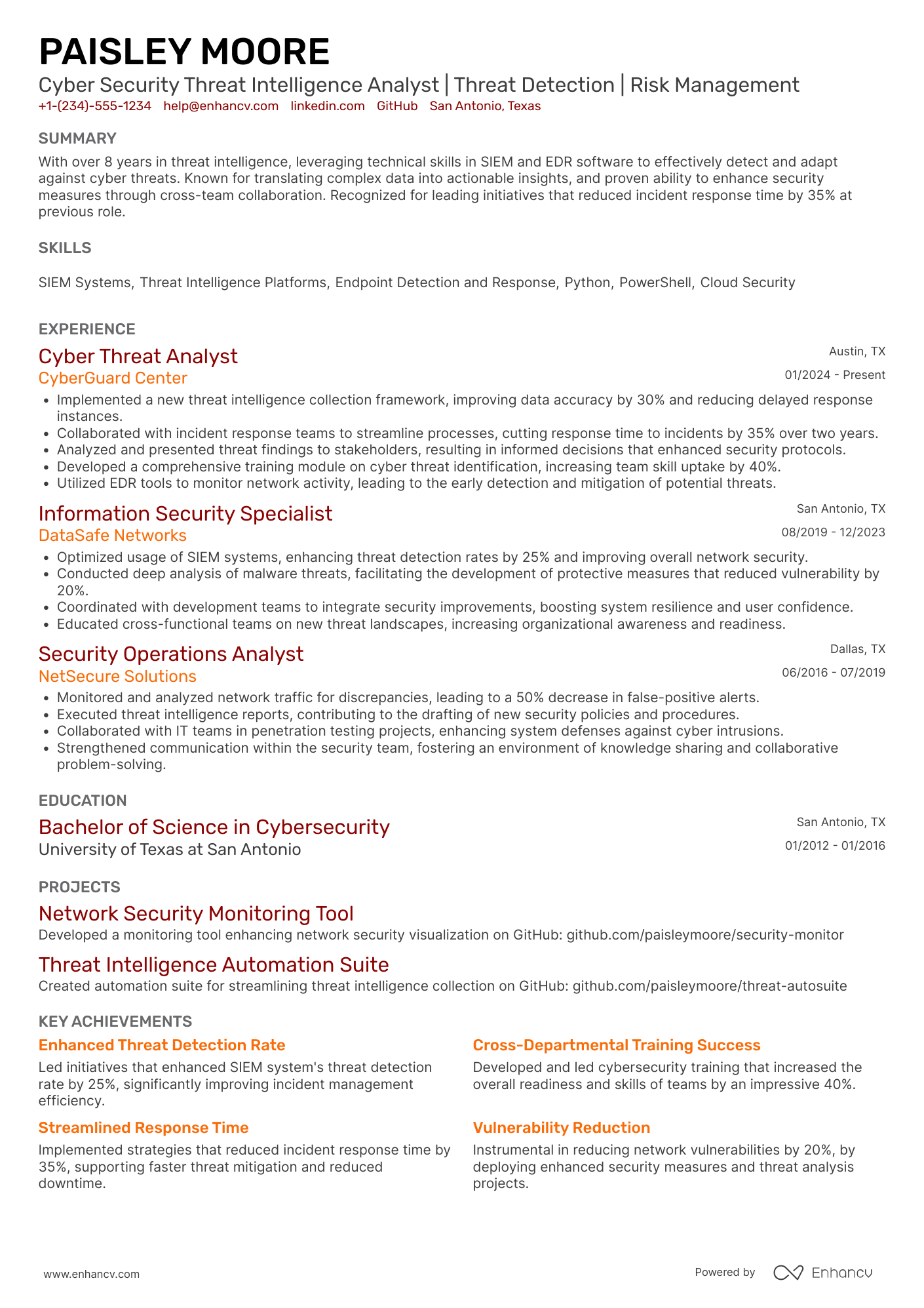 Cyber Security Threat Intelligence Analyst Resume Example