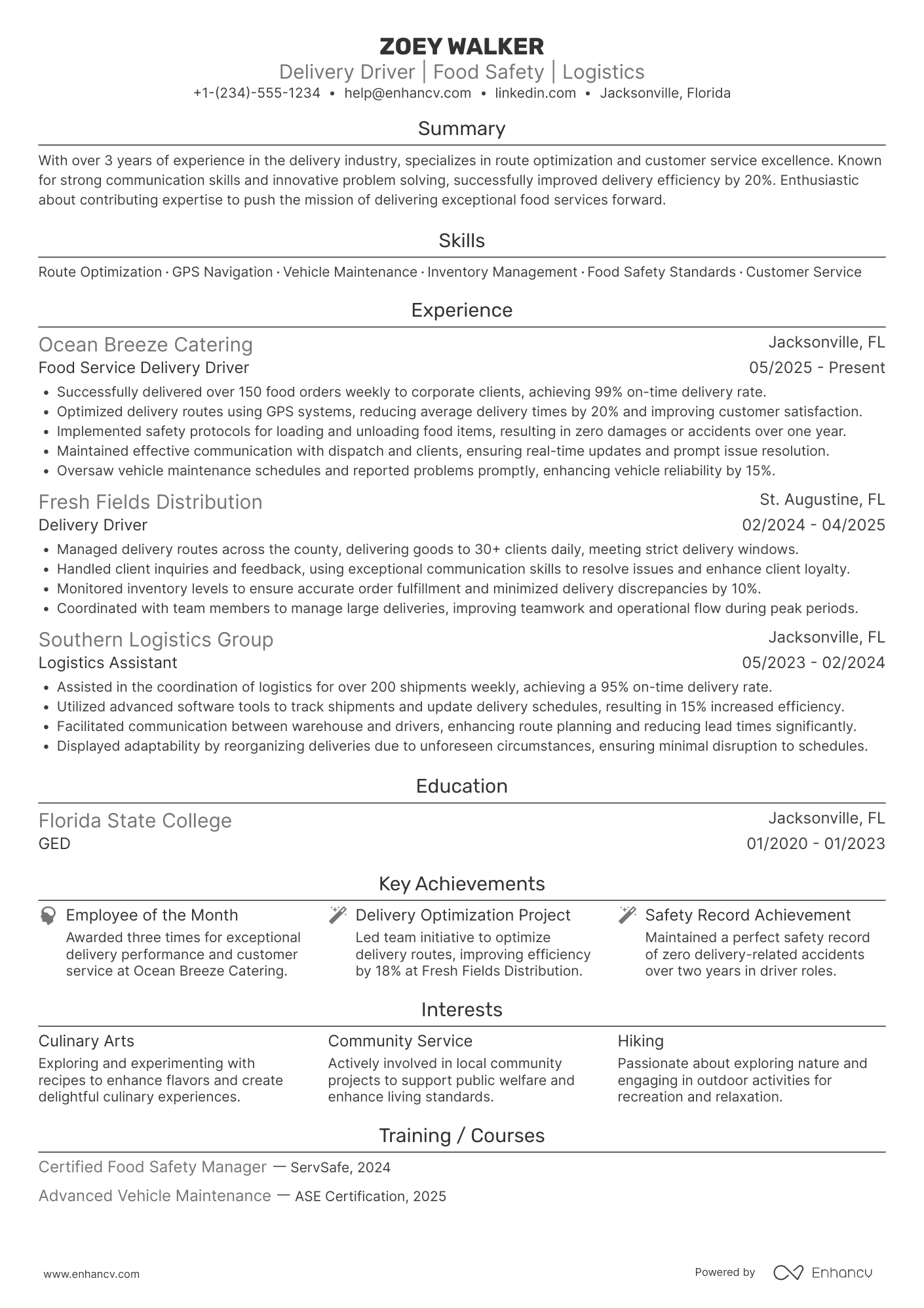 Food Service Delivery Driver Resume Example