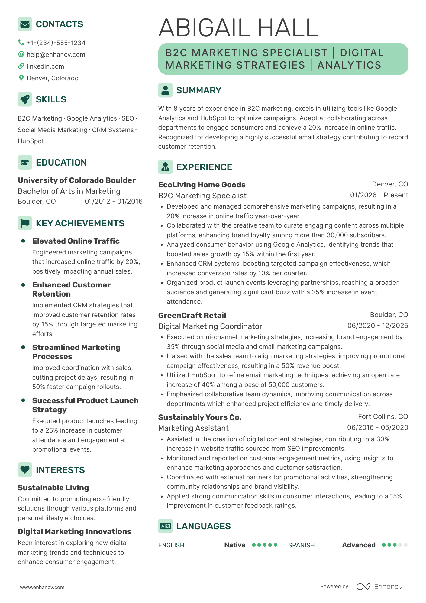 B2C Marketing Specialist Resume Example