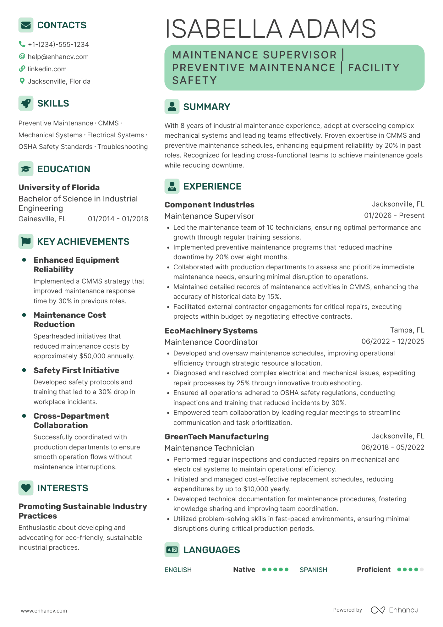 Maintenance Supervisor Resume Example