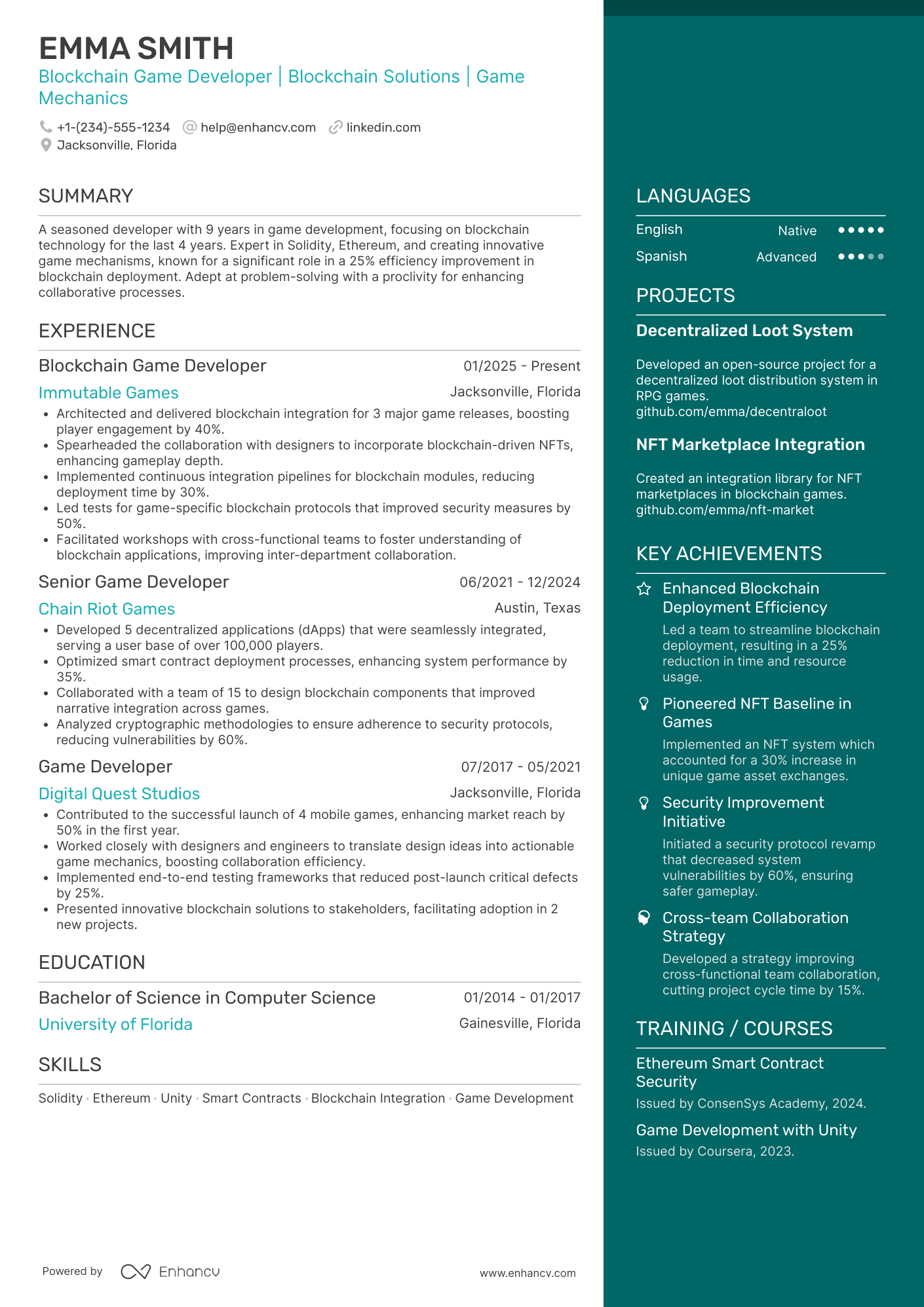 Blockchain Game Developer Resume Example