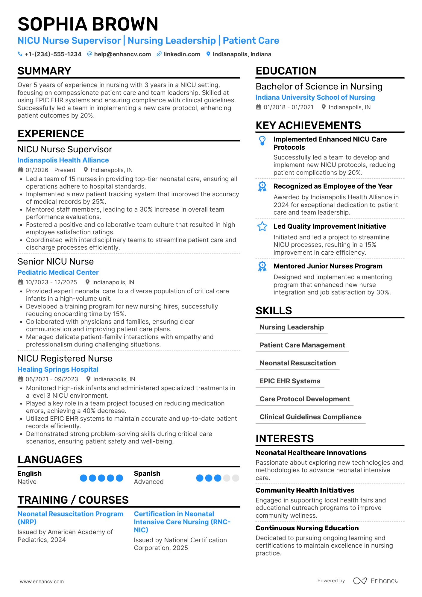 NICU Nurse Supervisor Resume Example