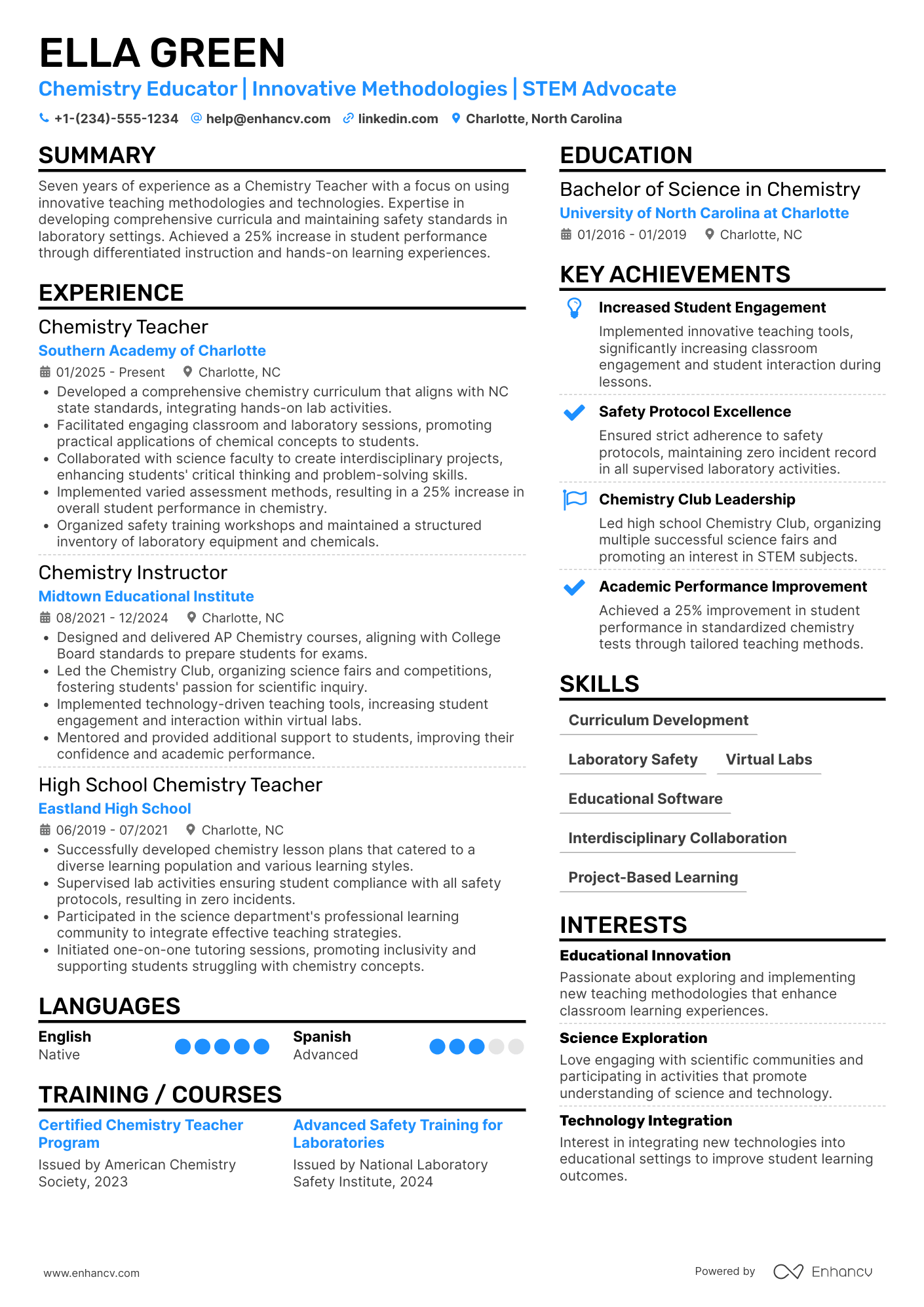 Chemistry Teacher Resume Example