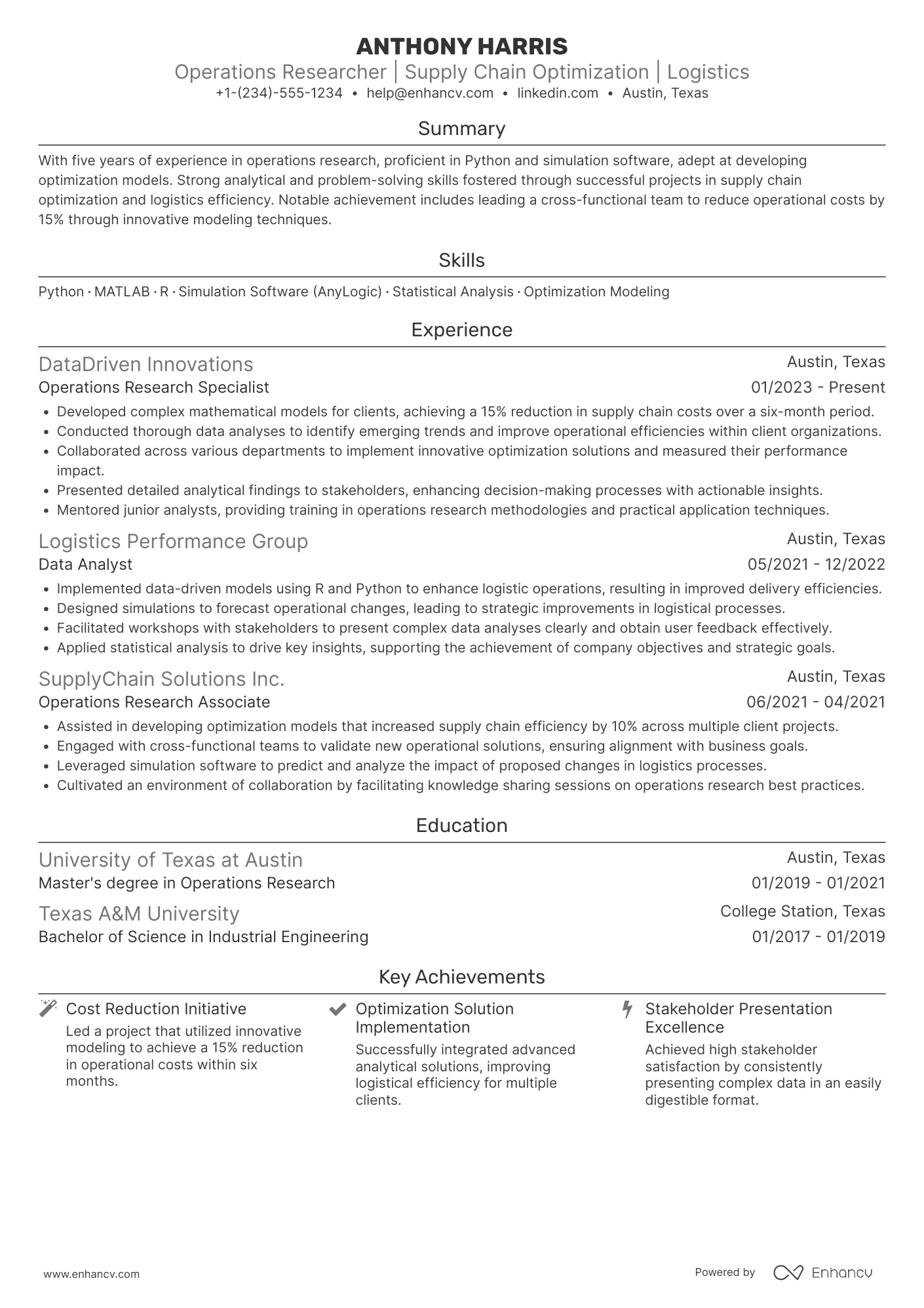 Operations Researcher Resume Example