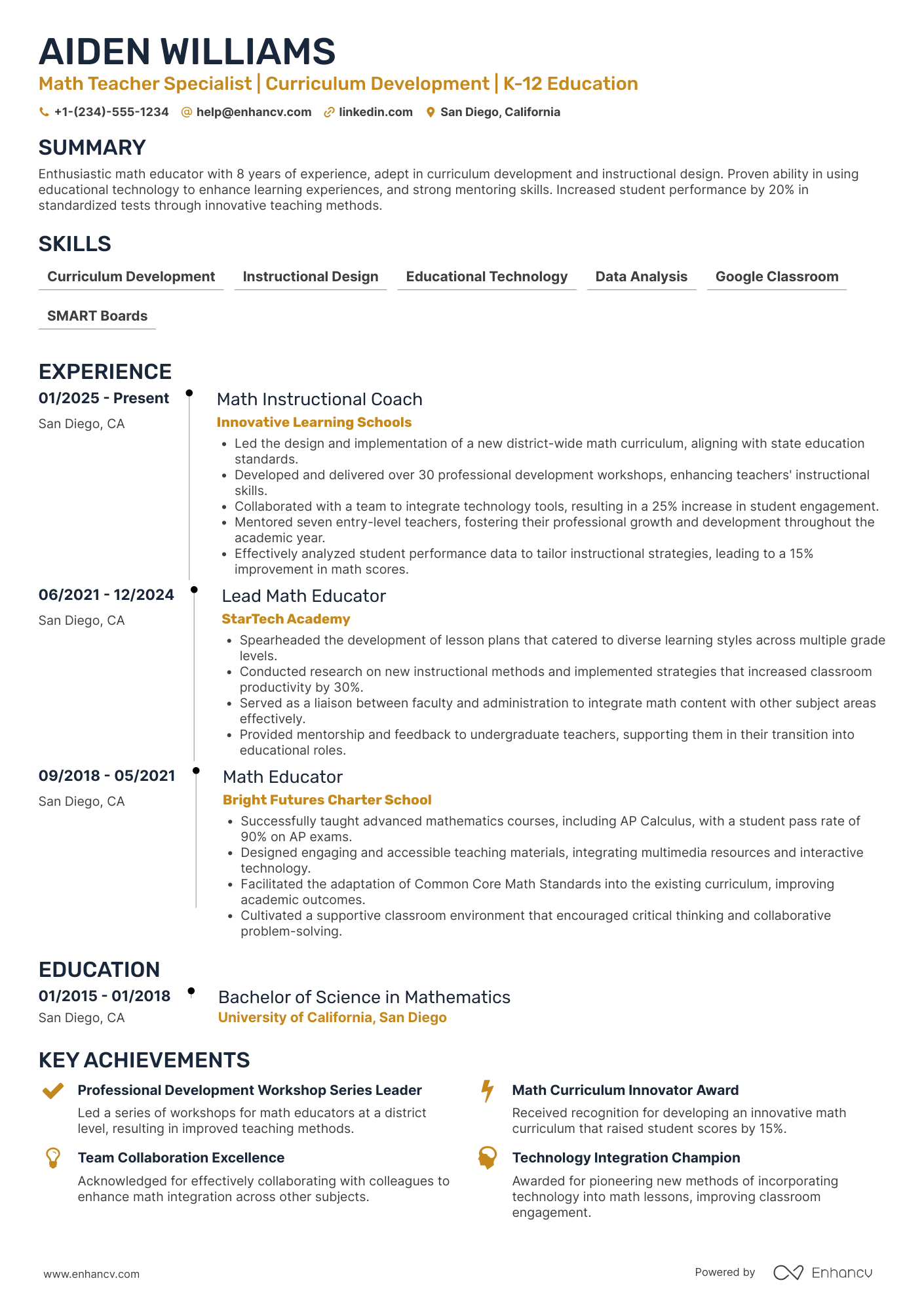 Math Teacher Specialist Resume Example