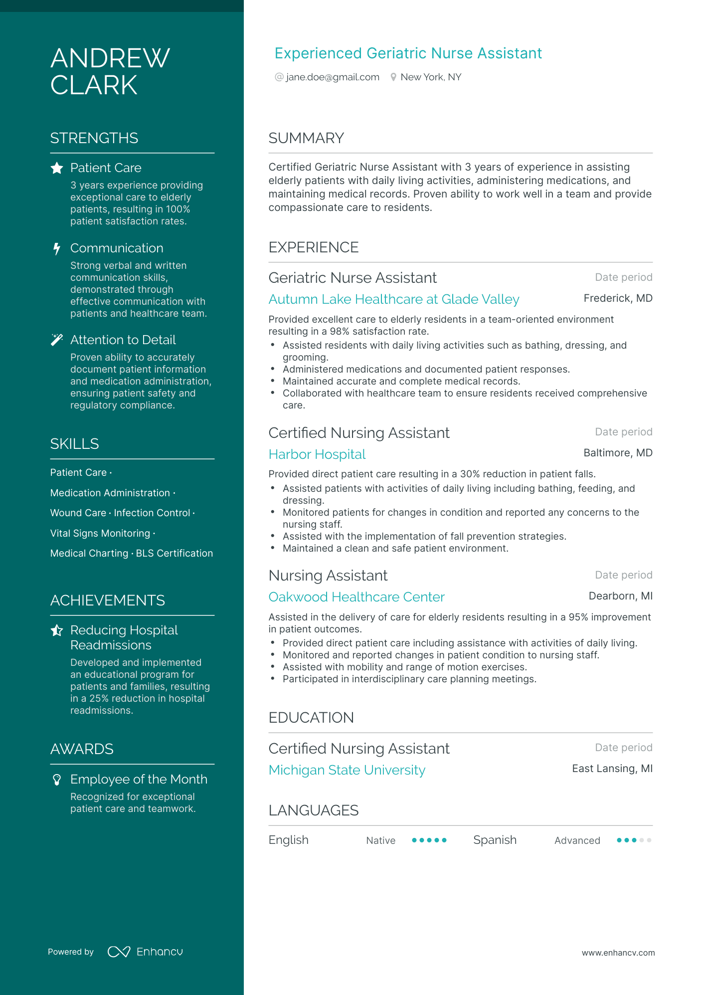 Assistant Nurse Resume Example