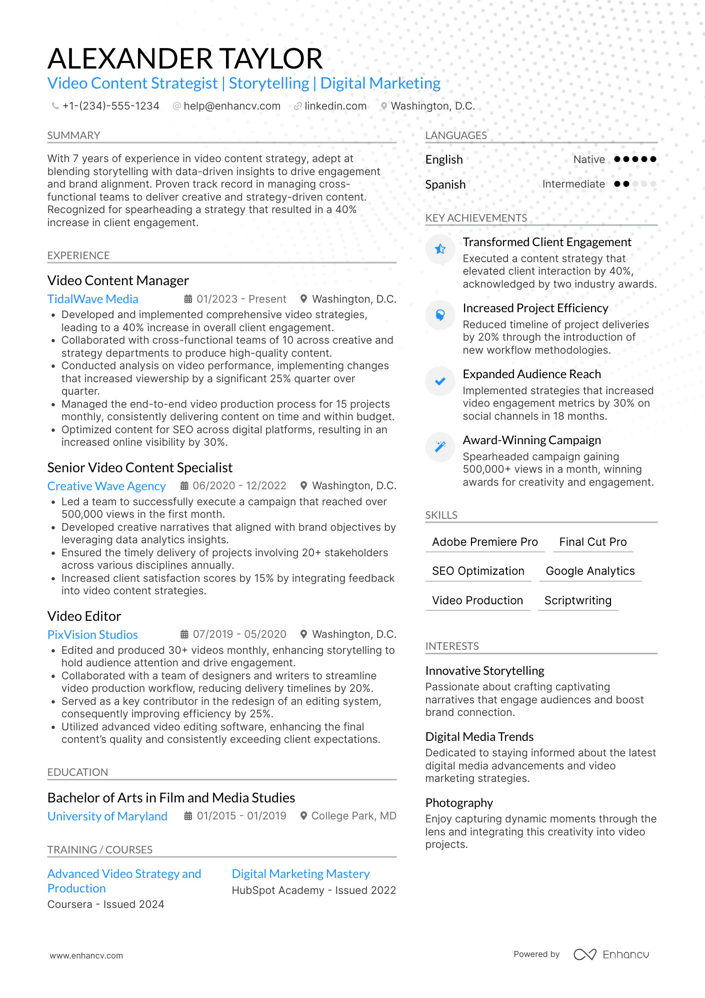 Video Content Strategist Resume Example