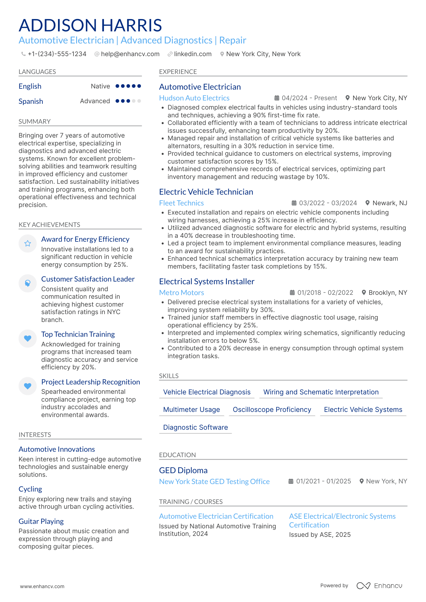 Automotive Electrician Resume Example