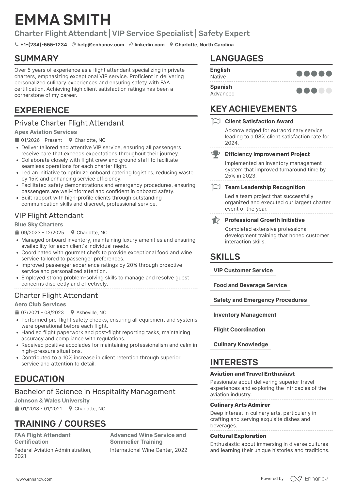 Private Charter Flight Attendant Resume Example