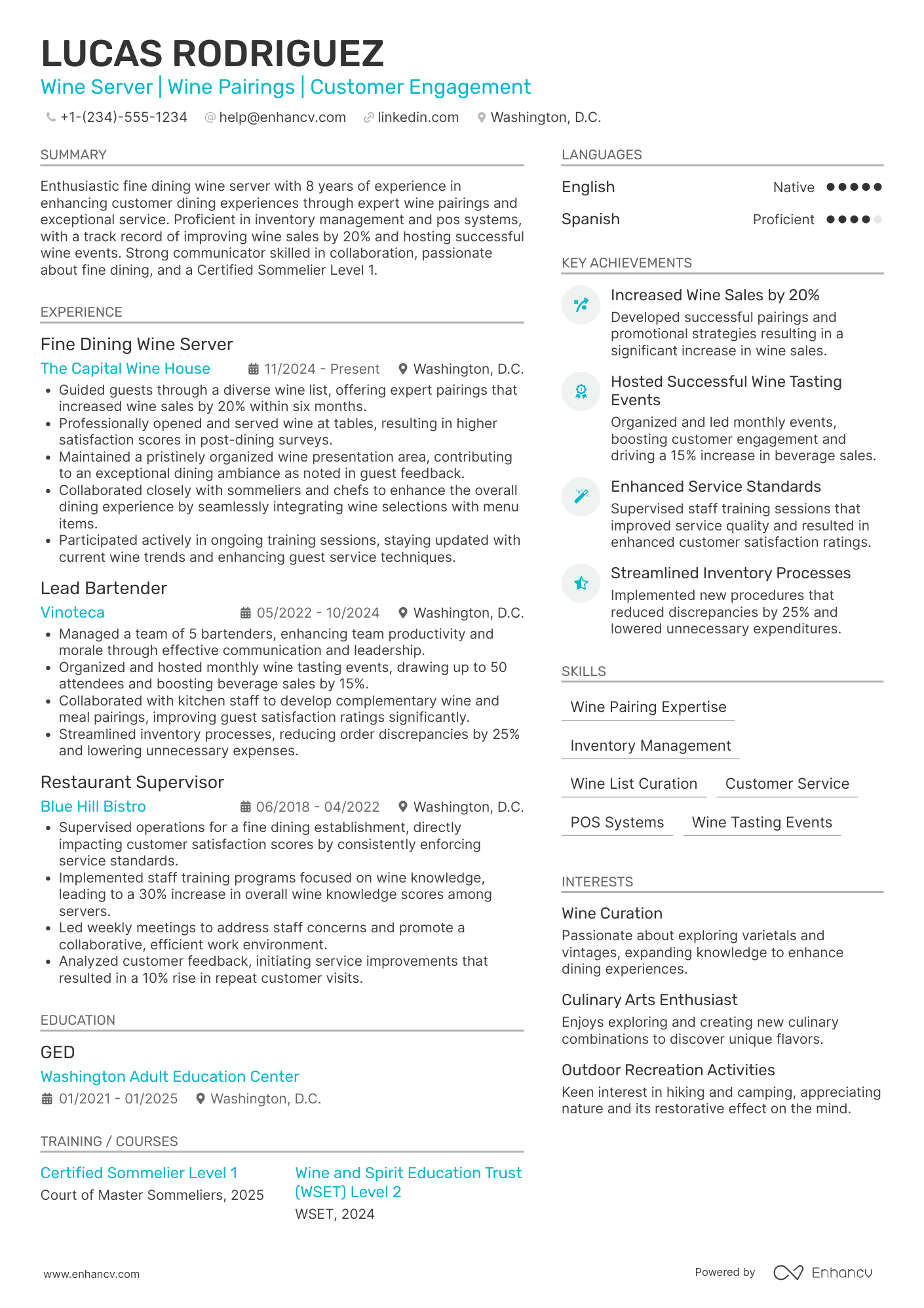Fine Dining Wine Server Resume Example