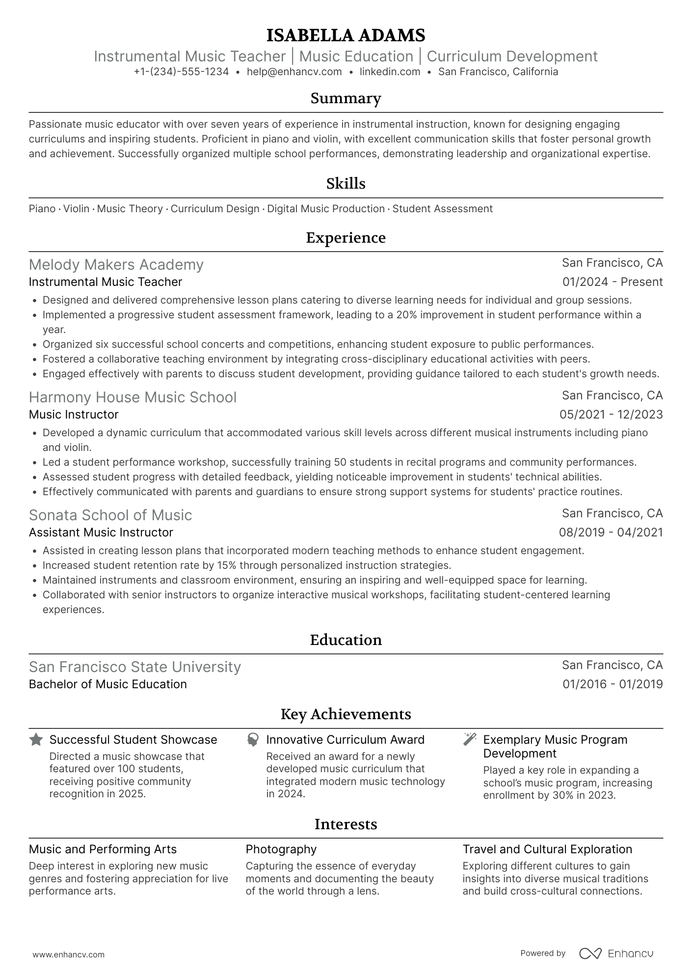 Instrumental Music Teacher Resume Example