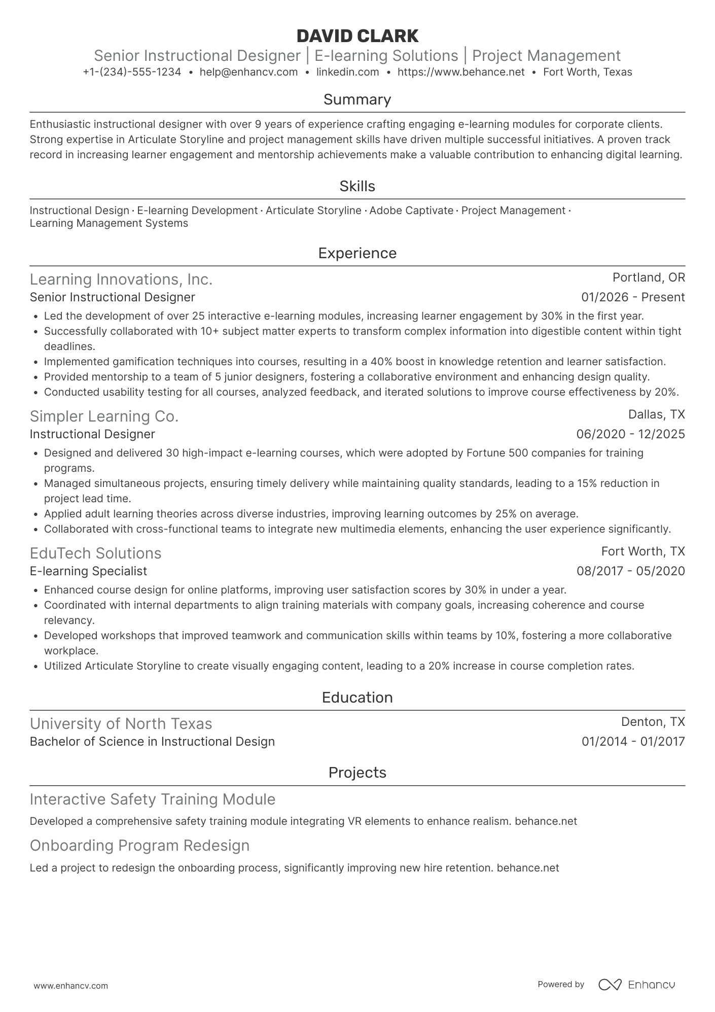 Senior Instructional Designer Resume Example